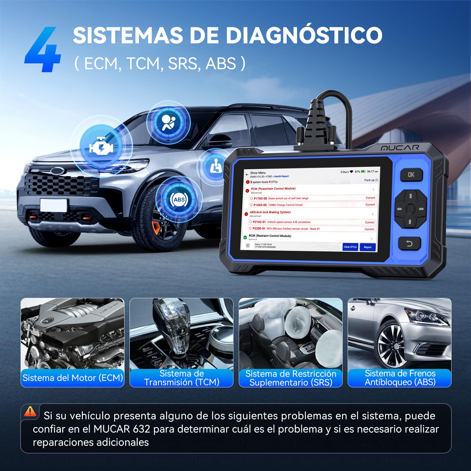 OBD2 Diagnosis, MUCAR 632 Diagnosis Coche Multimarca de 4 Sistema(ECM/TCM/SRS/ABS), Diagnosis Coche con 15 Funciones de Reinicio/Vin Automático/Prueba Activa-Actualización Gratuita