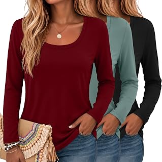 Neer 3 Pack Women Long Sleeve Shirts Scoop Neck Casual Tops | Loose Fit Layer T-Shirts, Fall Winter Soft Basic Tees, Comfort Blouse, Versatile Work Daily Wear for Ladies, Trendy Outfits