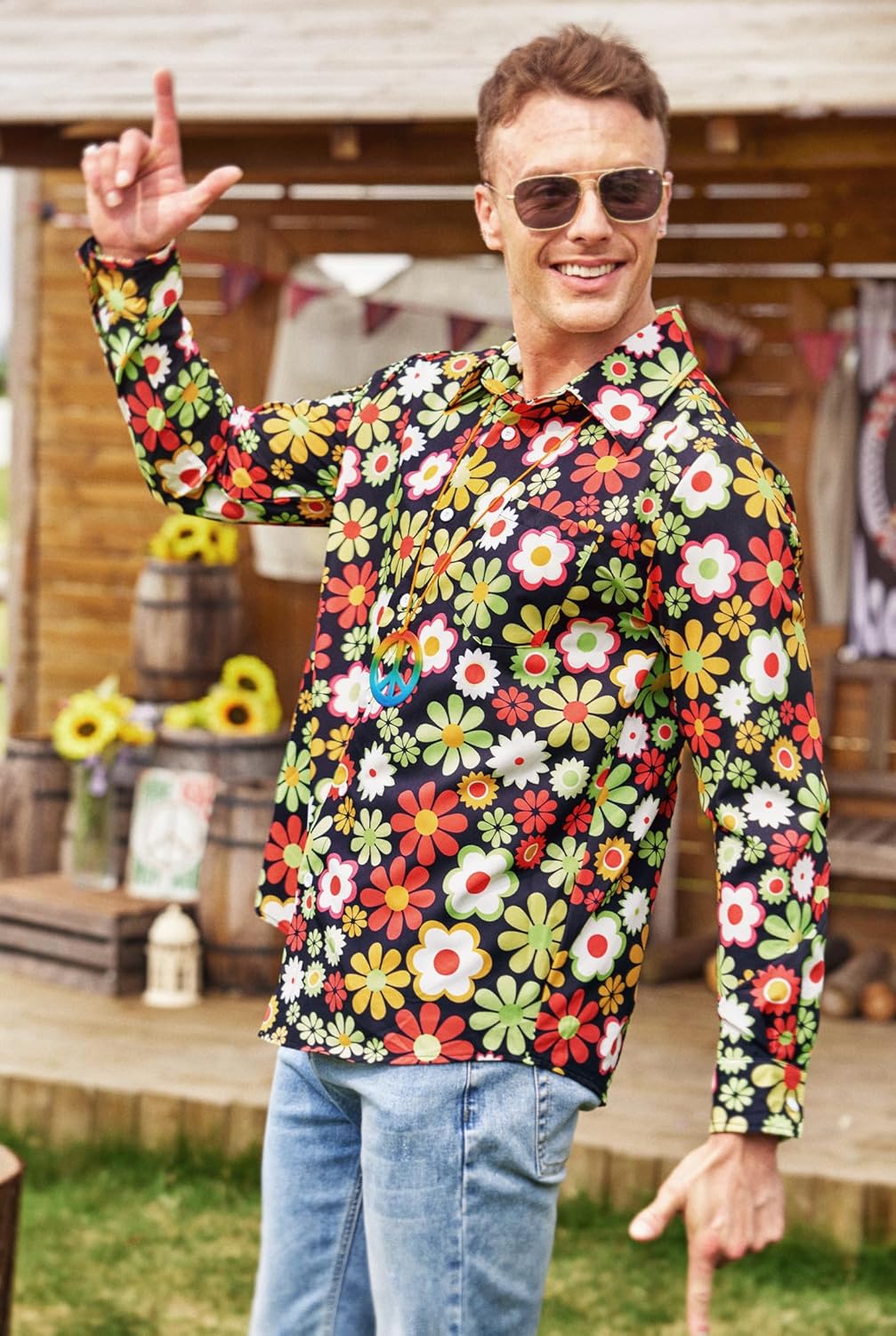 Mainfini Men's 70s Hippies Dress Shirt Floral Paisley Printed Long Sleeve Button Shirts (S-XXL) - Image 2