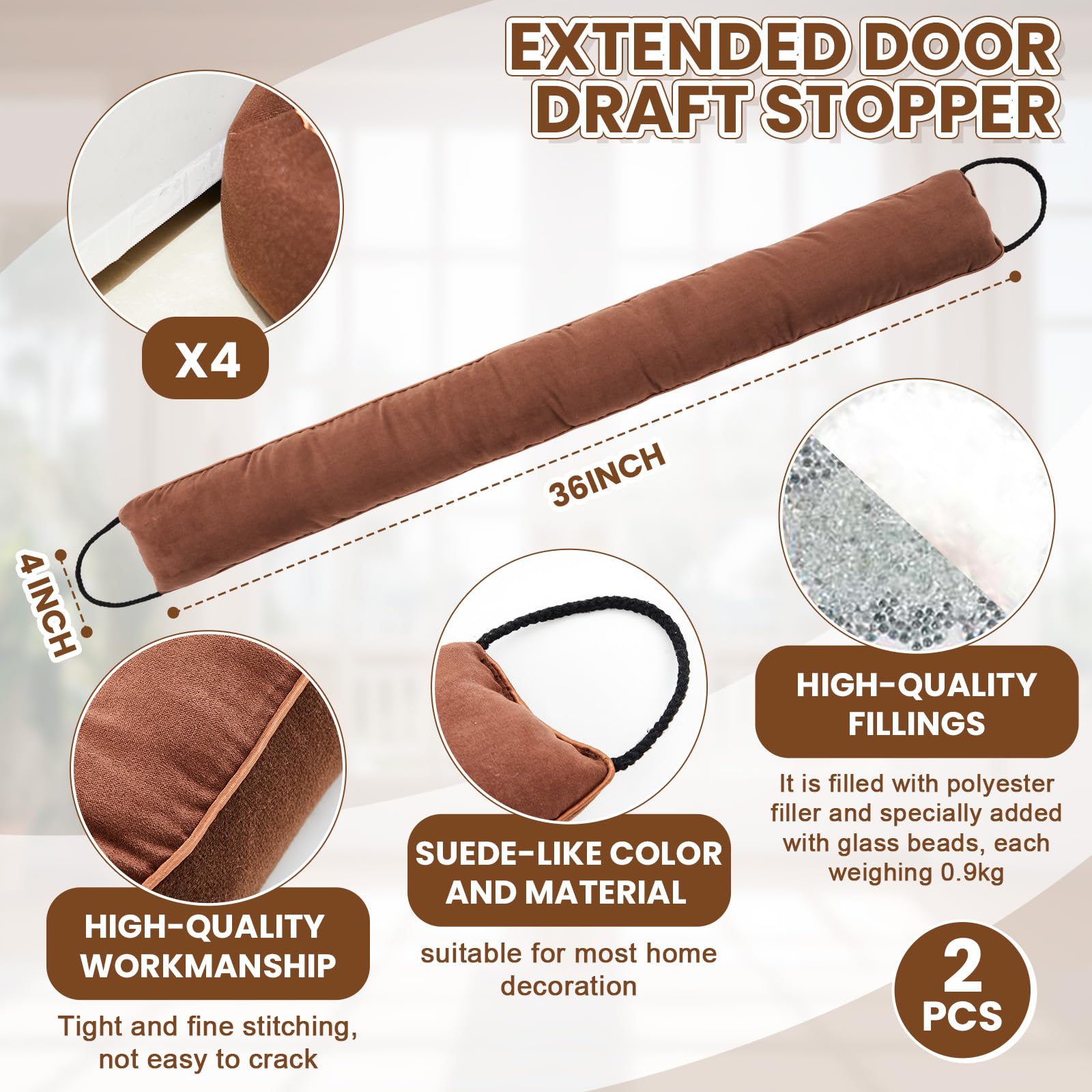 Gisafai 2 Stück 91,4 cm langer Tür-Zugluftstopper unter der Tür, Zugluftblocker, Geräusch-Windstopper für Zuhause, Balkon, Büro, Braun