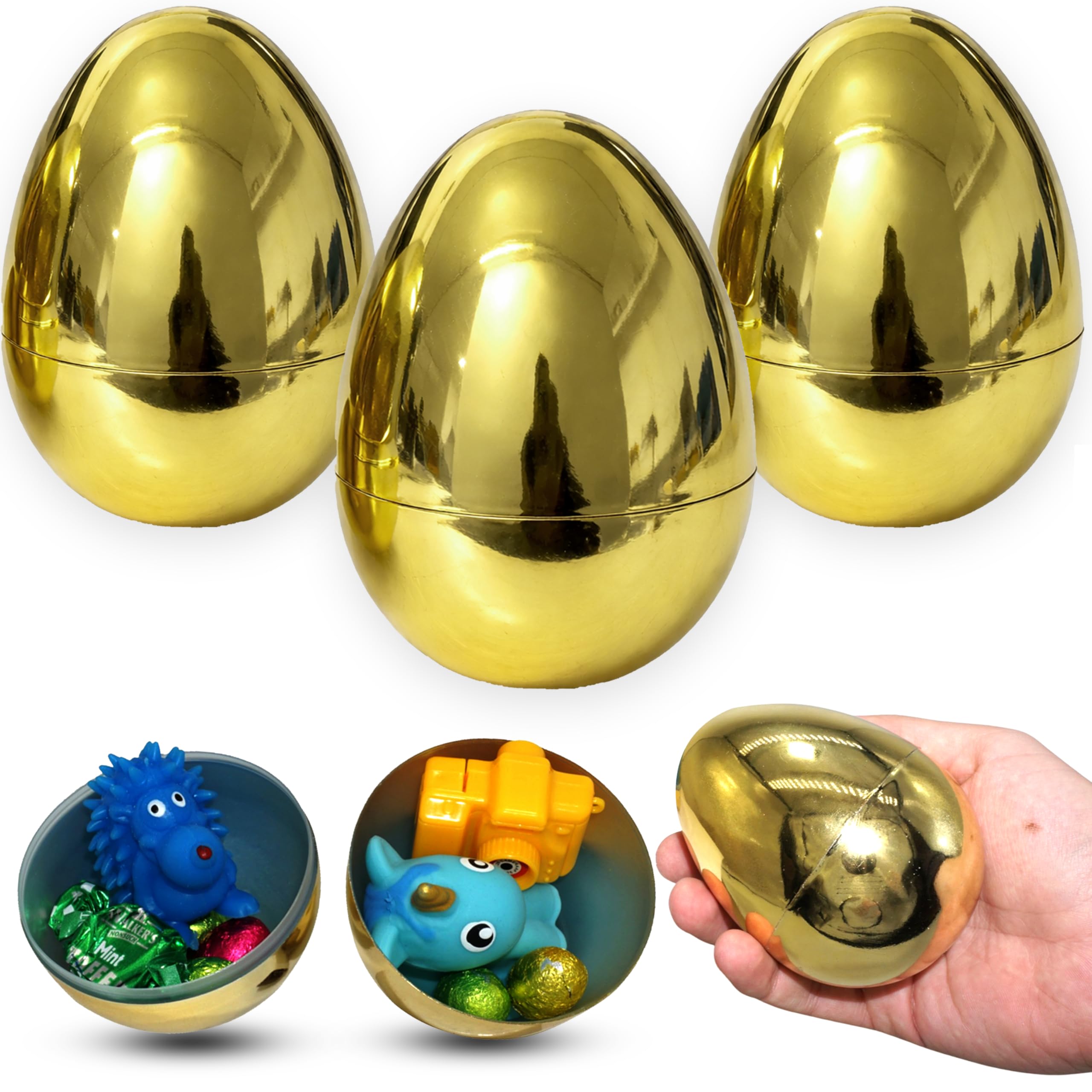 HOVUK 3pk Jumbo Fillable Easter Eggs 10cm/3.9" - Large Golden Plastic Egg Fillable for Easter Decoration Egg Hunt Party Bag Fillers, Fill with Candies, Chocolates and More