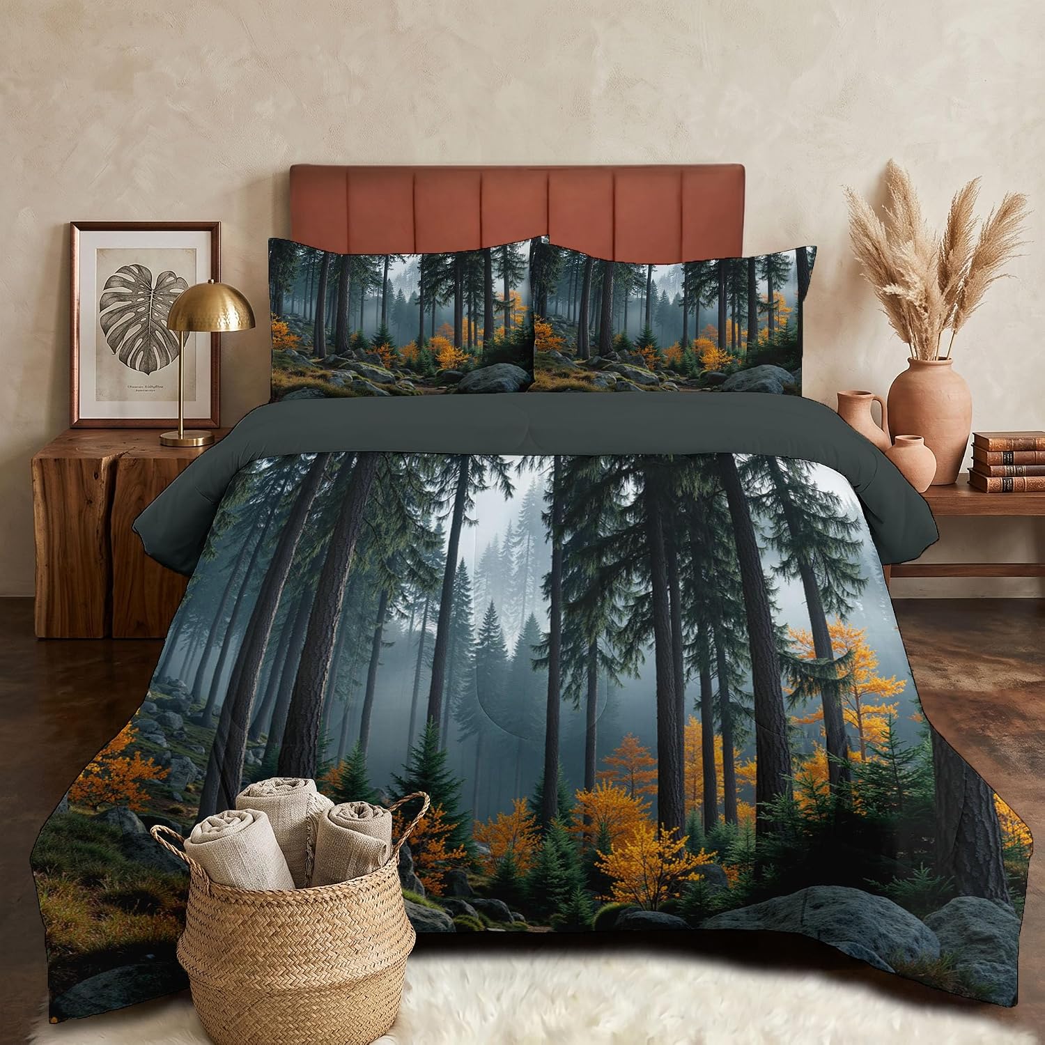 Realistic Landscape Comforter Set King Size, Misty Autumn Forest Bedding Set for Girls Boys, Dark Green Quilt Bed 104"X90" Bedding Comforter Sets with 2 Pillowcase Room Decor