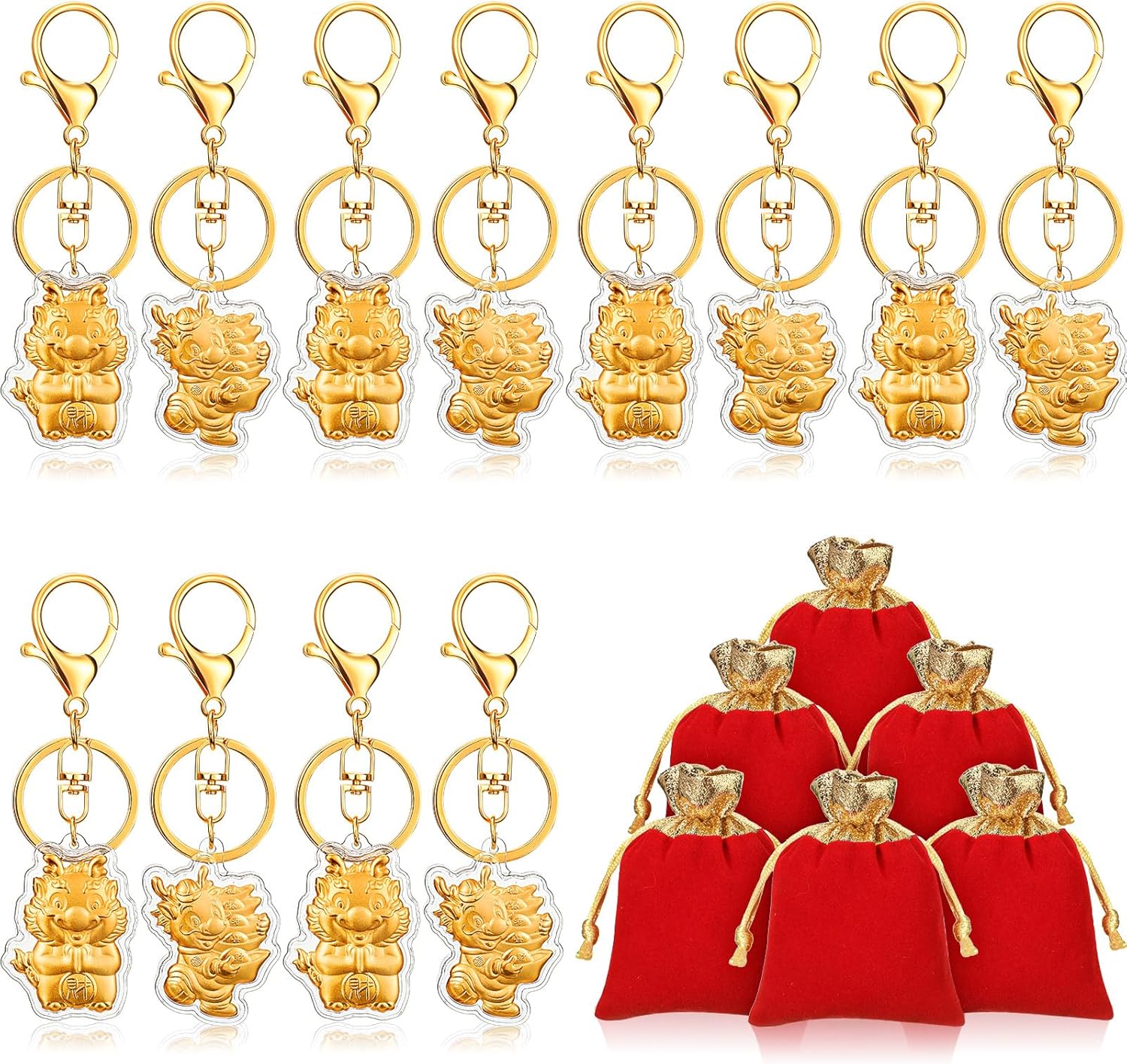 12 Sets Gold Dragon Keychain Zodiac Dragon Statue Keychains Hanging Chinese New Year Decorations