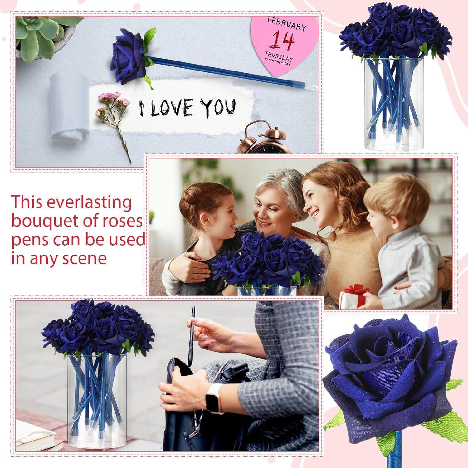 Engrowtic 28 Pcs Gifts for Mother's Day Flower Rose Pens for Mother Grandma Artificial Floral 0.5mm Black Ink Gel Pen for Mothers Day Gifts Wedding Home Office Supplies(Blue)