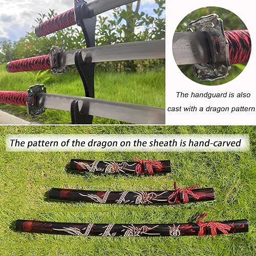 Miniatura 4 de Juego de 3 espadas samuráis japonesas con soporte de exhibición, hoja de acero al carbono Iaido Katana real para decoración de exhibición y regalo