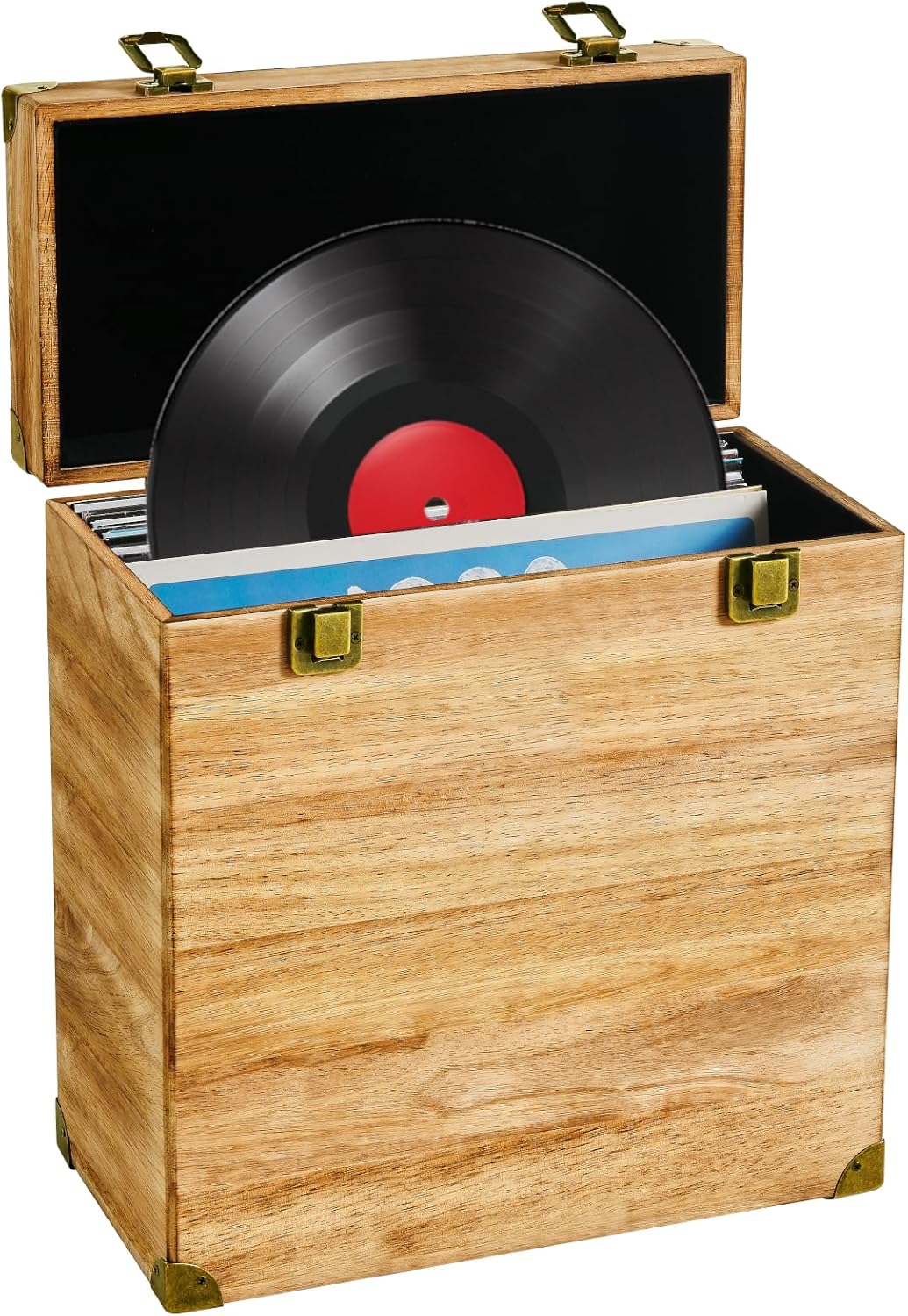 Vinyl Record Storage Box, Solid Wood Vinyl Record Box Fits Standard Records- 7/10 Inch, (Upgrade Double Latch) LP Album Record Storage Case Hold 40 Records - Carbonized Brown (Carbonized Brown)