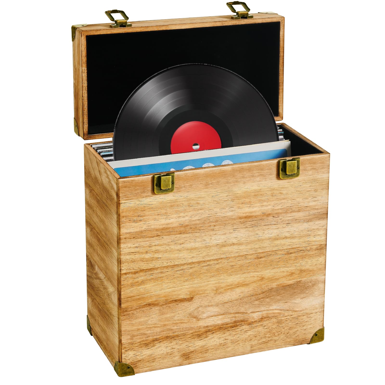 Photo 1 of YIYYZI Vinyl Record Storage Box, Solid Wood Vinyl Record Box Fits Standard Records- 7/10 Inch, (Upgrade Double Latch) LP Album Record Storage Case Hold 40 Records - Carbonized Brown (Carbonized Brown)