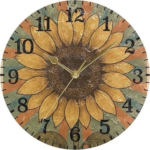 Miniatura 5 de KLL Retro Sunflower Poster 10 Inch Round Contemporary Wall Clocks Non Ticking Indoor for Bedroom Dining Room Bedroom reloj de pared para sala