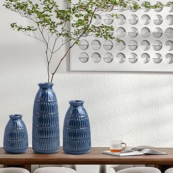 Yundu Navy Blue Ceramic Flower Vases for Home Decor Set of 3, Living Room Decor, Modern Farmhouse and Neutral Home Decor, Pmpas Grass Vase, Shelf, Mantle, Centerpieces Minimalist Decor