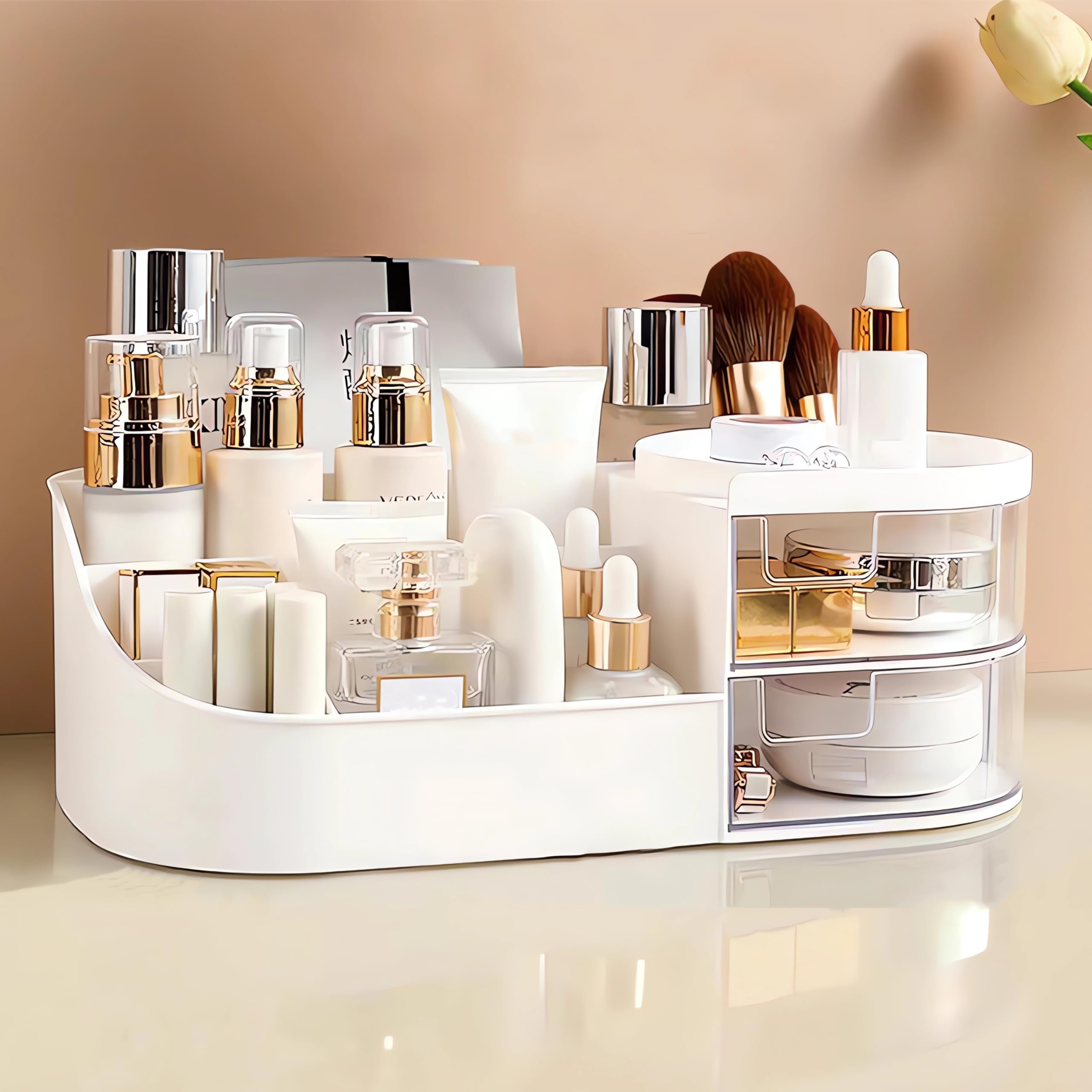 Znreuha White Makeup Storage Organizer With Drawer, Countertop Cosmetic Organizer For Vanity, Multi-Purpose Cosmetic Storage Case Organizer For Dressing Table, Bedroom And Bathroom Countertop