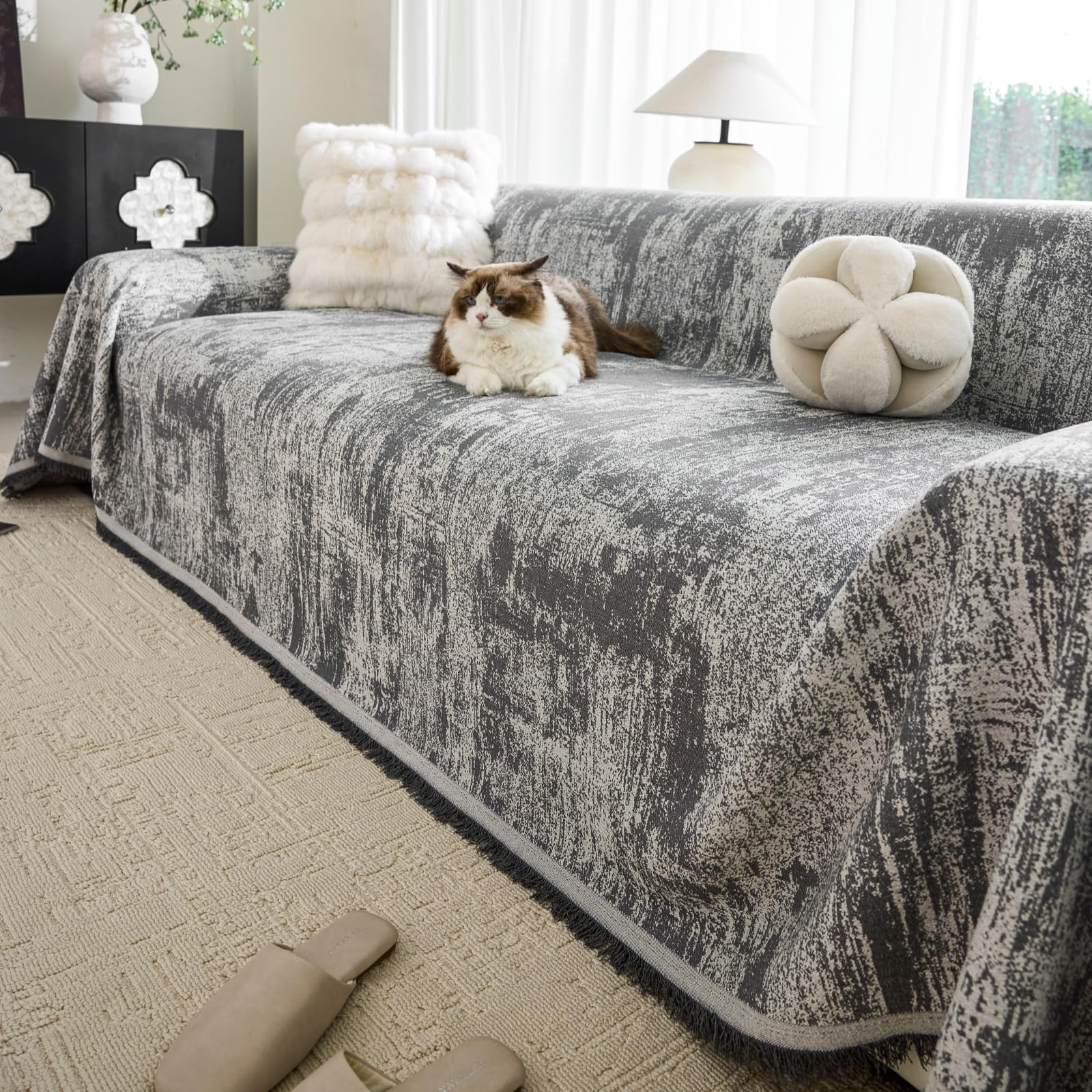 TAOTAOGO Linen Feel Chenille Sofa Cover for 3-4 Seater Couch, Breathable Washable Pet-Friendly Furniture Protector, All-Season Soft Slipcover D-Grey 180x380cm โ image 1