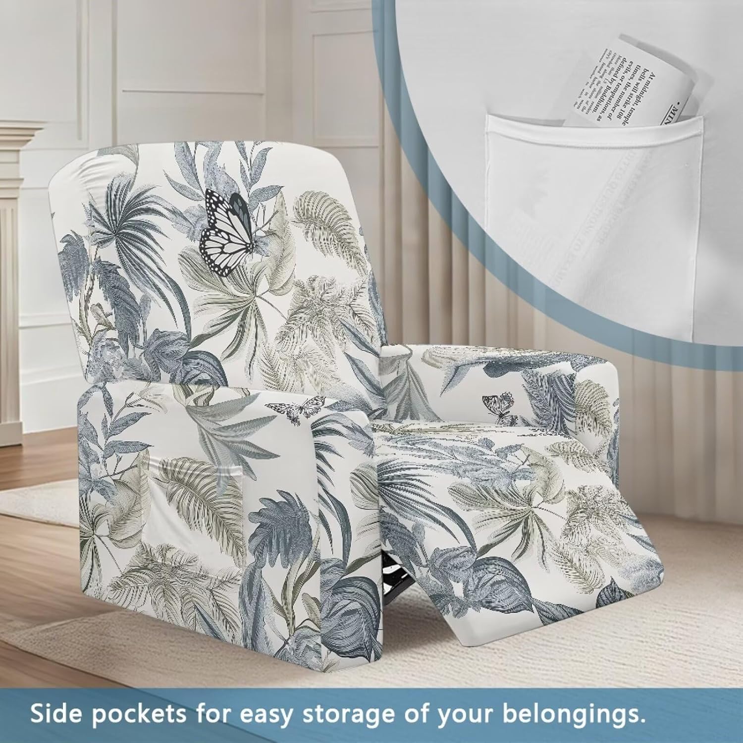 FOR U DESIGNS Floral Butterfly 4-Piece Stretch Recliner Slipcovers with Elastic Edges Side Storage Pockets Washable Protector for Small Recliners Reclining Sofa Chair