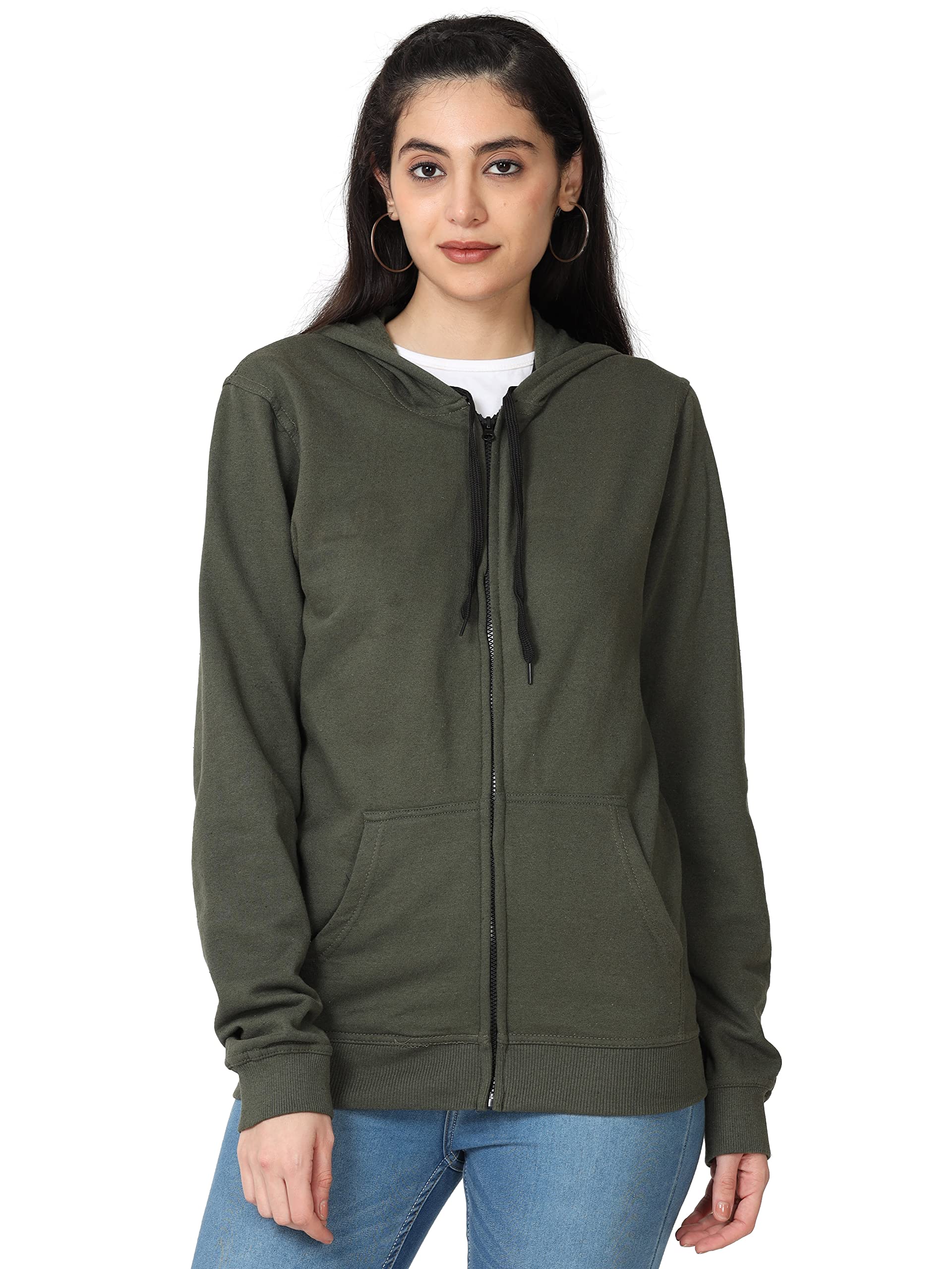 wafaa Women's Cotton Plain Hooded Neck Full Zipper Sweatshirt Hoodies with Kangaroo Pocket-picture-8