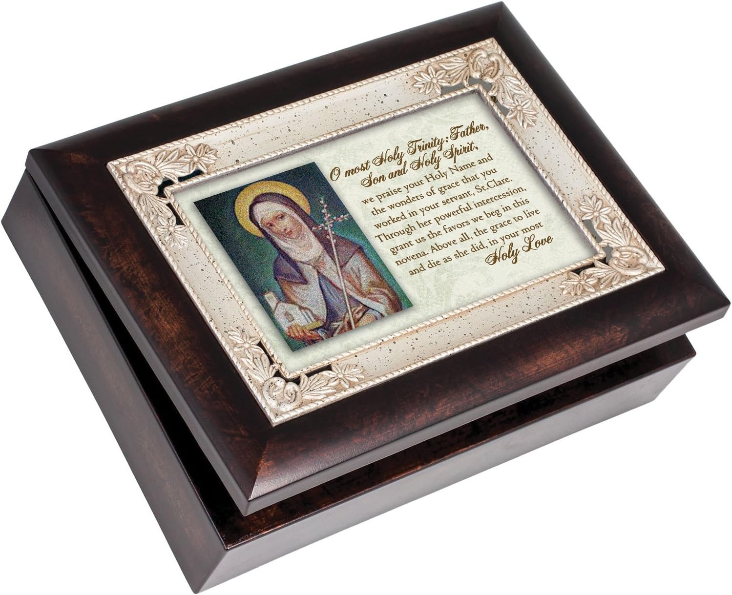 Cottage Garden St. Clare Pray for Us Italian Wood Finish Jewelry Music Box Plays Song Ave Maria