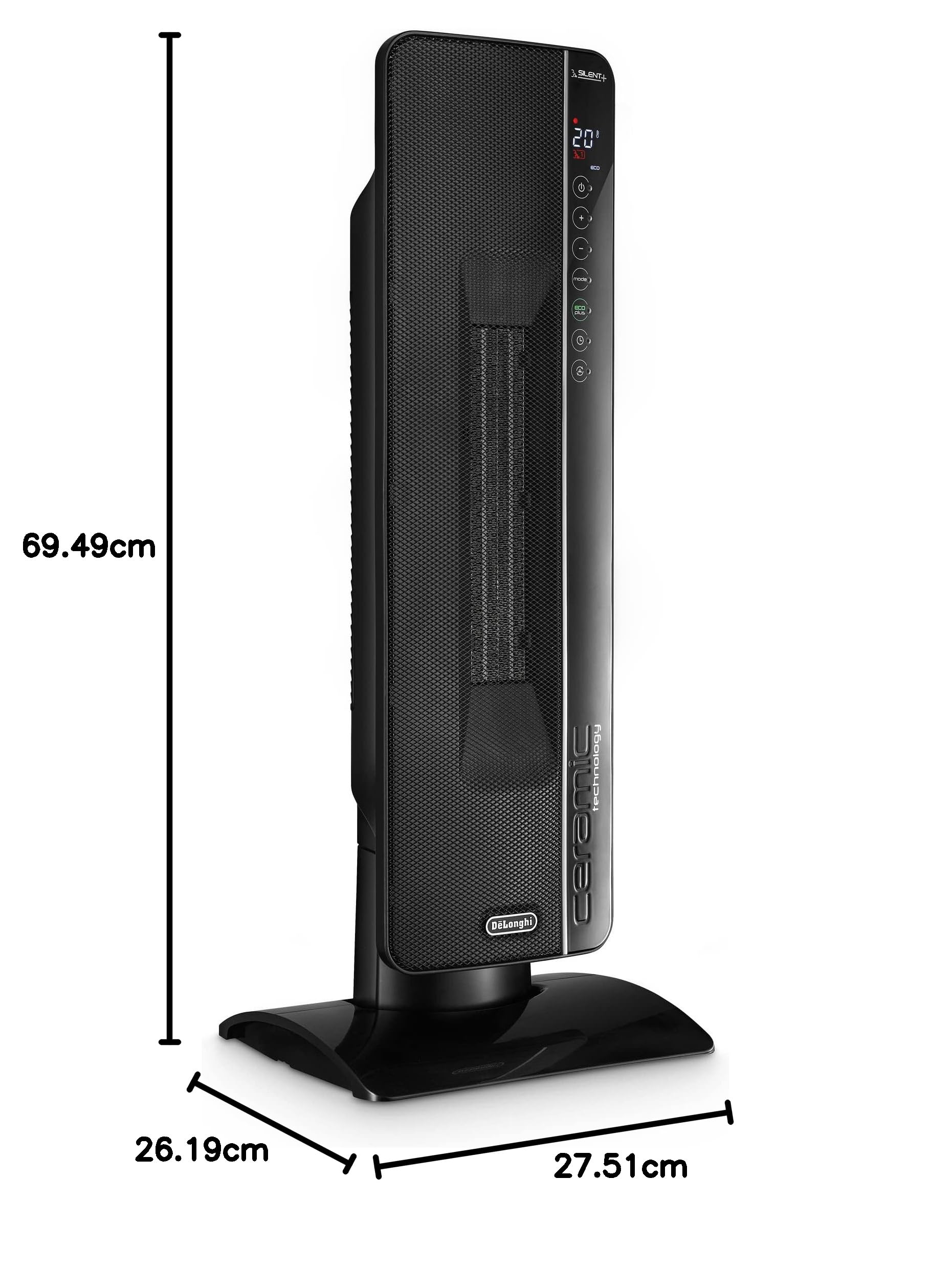 De'Longhi TCH8993ER.BC Termoventilatore a Torre, Tecnologia Ceramica, Silenzioso, 3 Livelli di Potenza, Ventilazione Estiva, TIMER 24H, Funzione Eco-Plus, Luce, Anti - Ribaltamento, Leggero, Nero