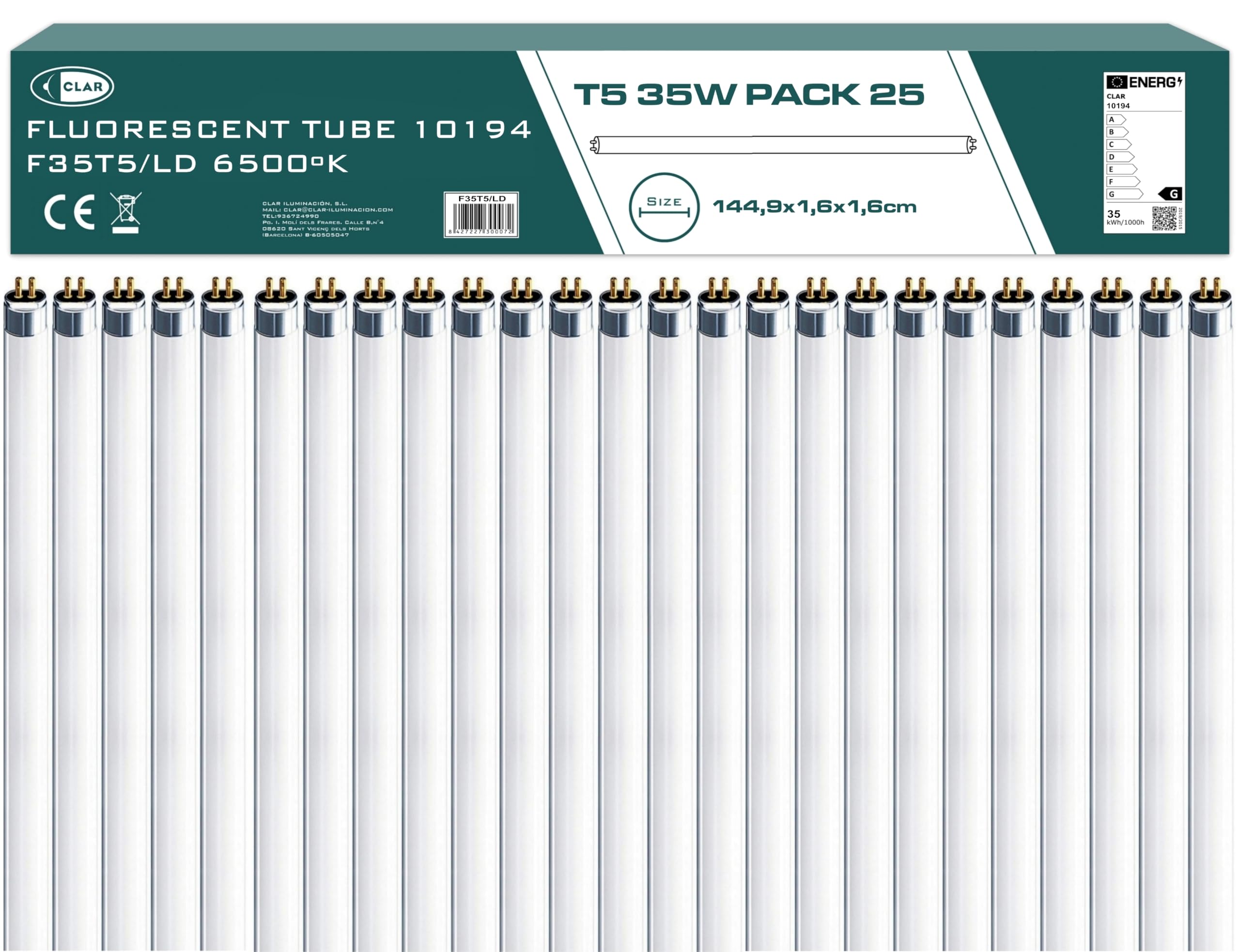 CLAR - Leuchtstoffröhre 150cm, Leuchtstofflampe 150cm, Neonröhre 35W T5 (144,9 cm x 1,6 cm, Pack 25)