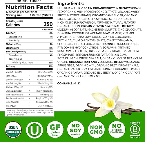 Miniatura 9 de Orgain Batido nutricional orgánico, grano de vainilla, reemplazo de comidas, 0.56oz de proteína de suero alimentada con hierba, 20 vitaminas y