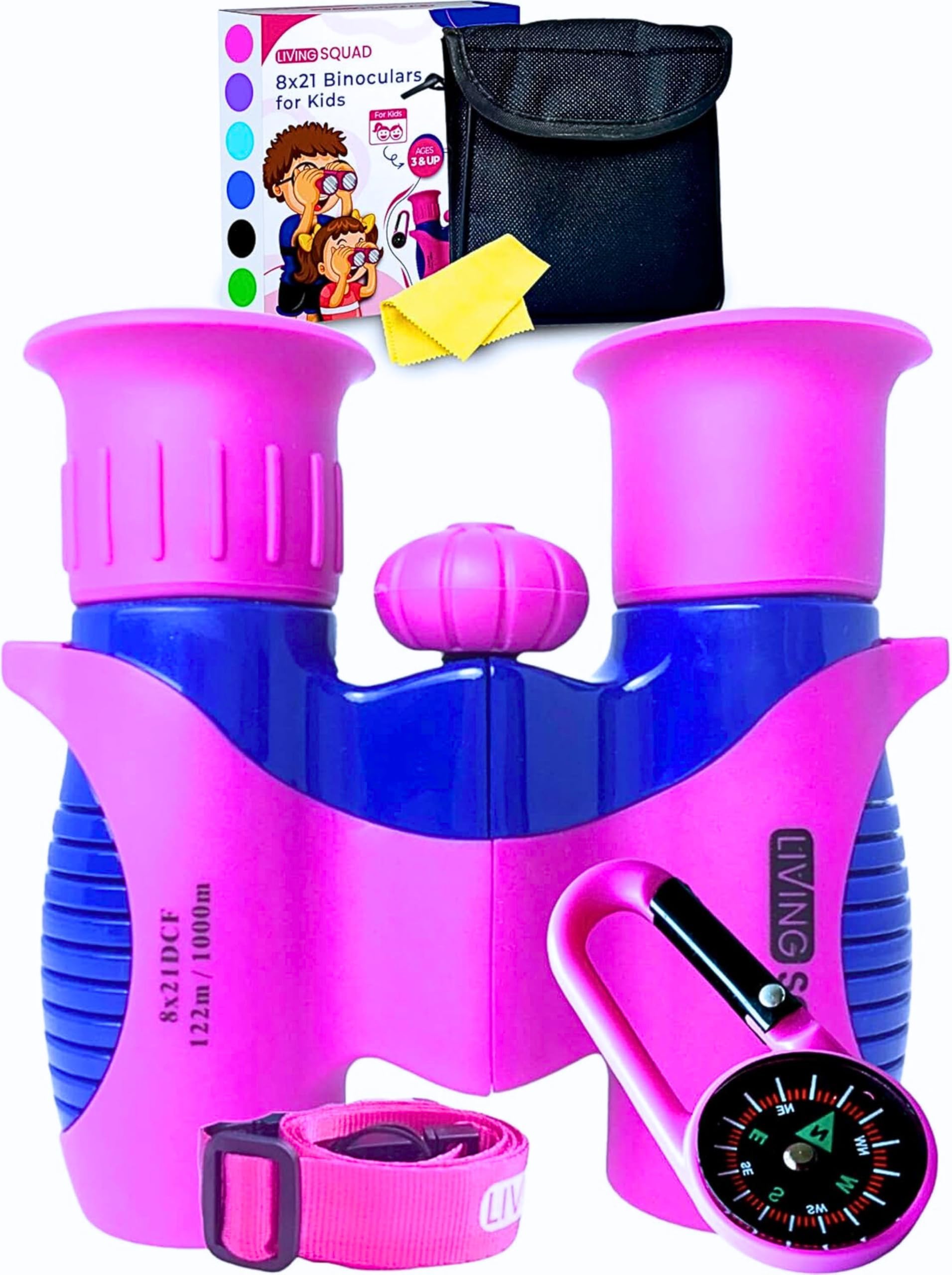 - Kids Binoculars Pink 8x21 Shockproof Ages 3–12 with Case, Neck Strap, Compass & Carabiner | High Resolution Optics for Birdwatching, Hiking & Spy Play for Girls
