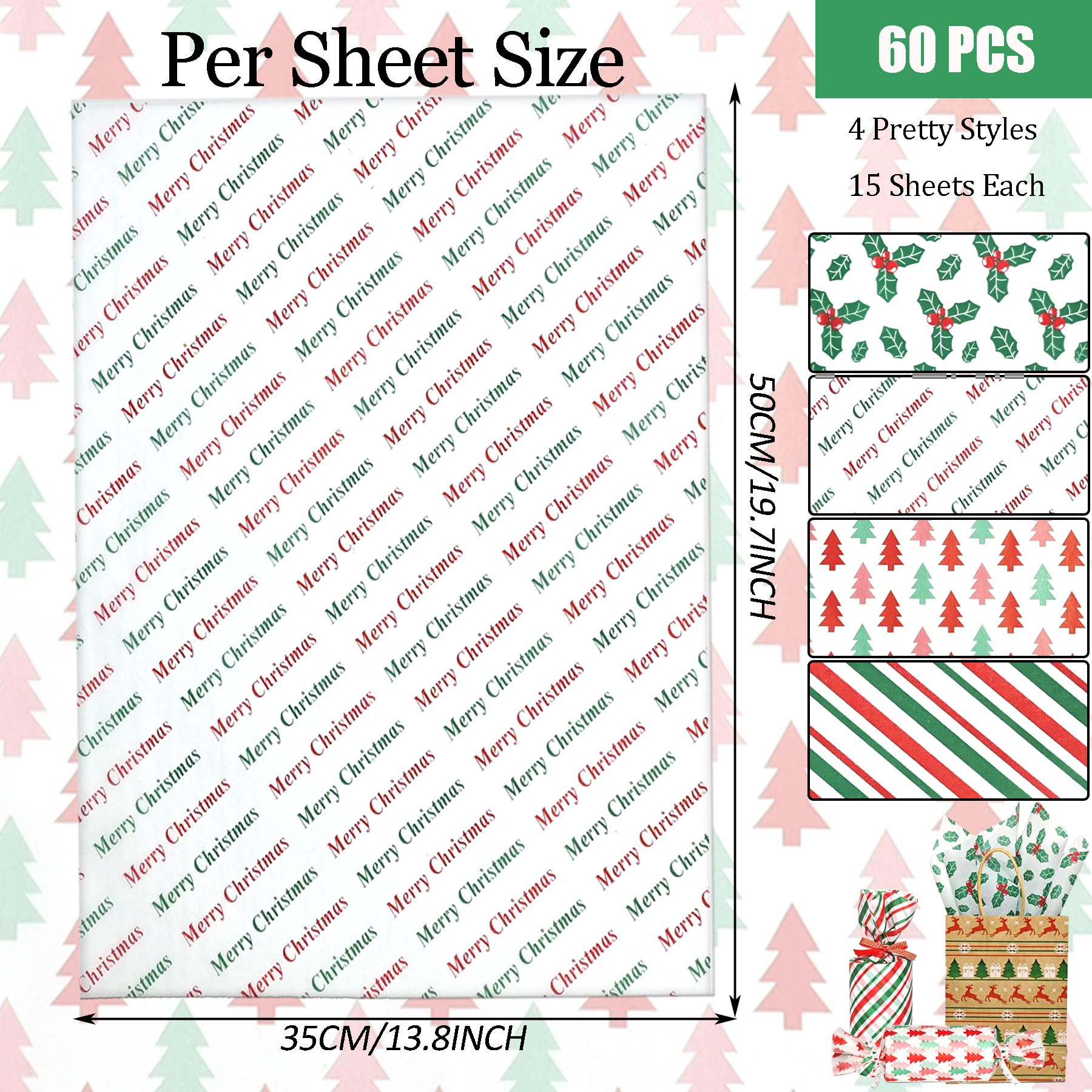 LIAPAWPAW 60 fogli di carta velina natalizia per sacchetti regalo, classica carta velina natalizia rossa e verde, albero di Natale, bacche di agrifoglio, carta velina per confezioni regalo per