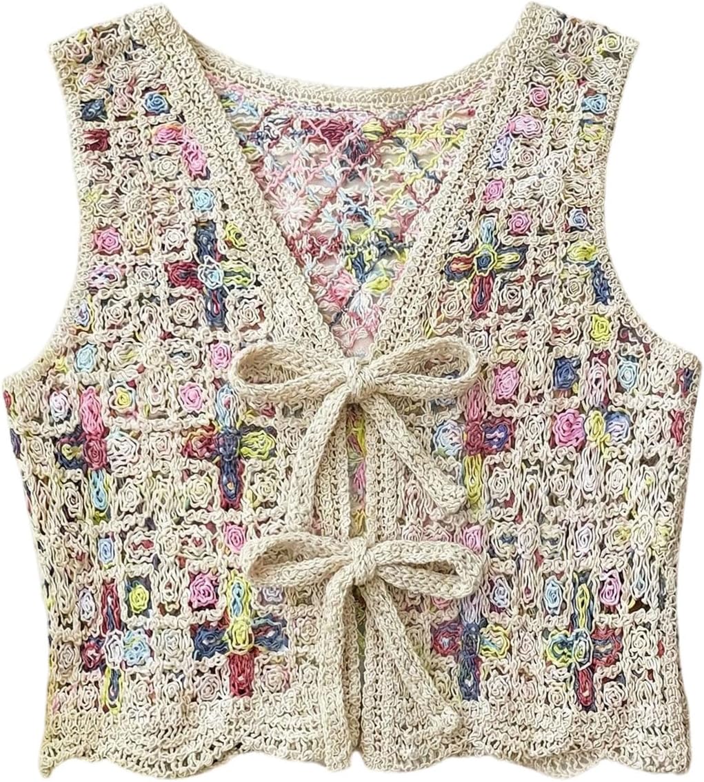 SHENHE Women's Tie Front Deep V Neck Sweater Vest Sleeveless Crop Knit Cardigan Vests