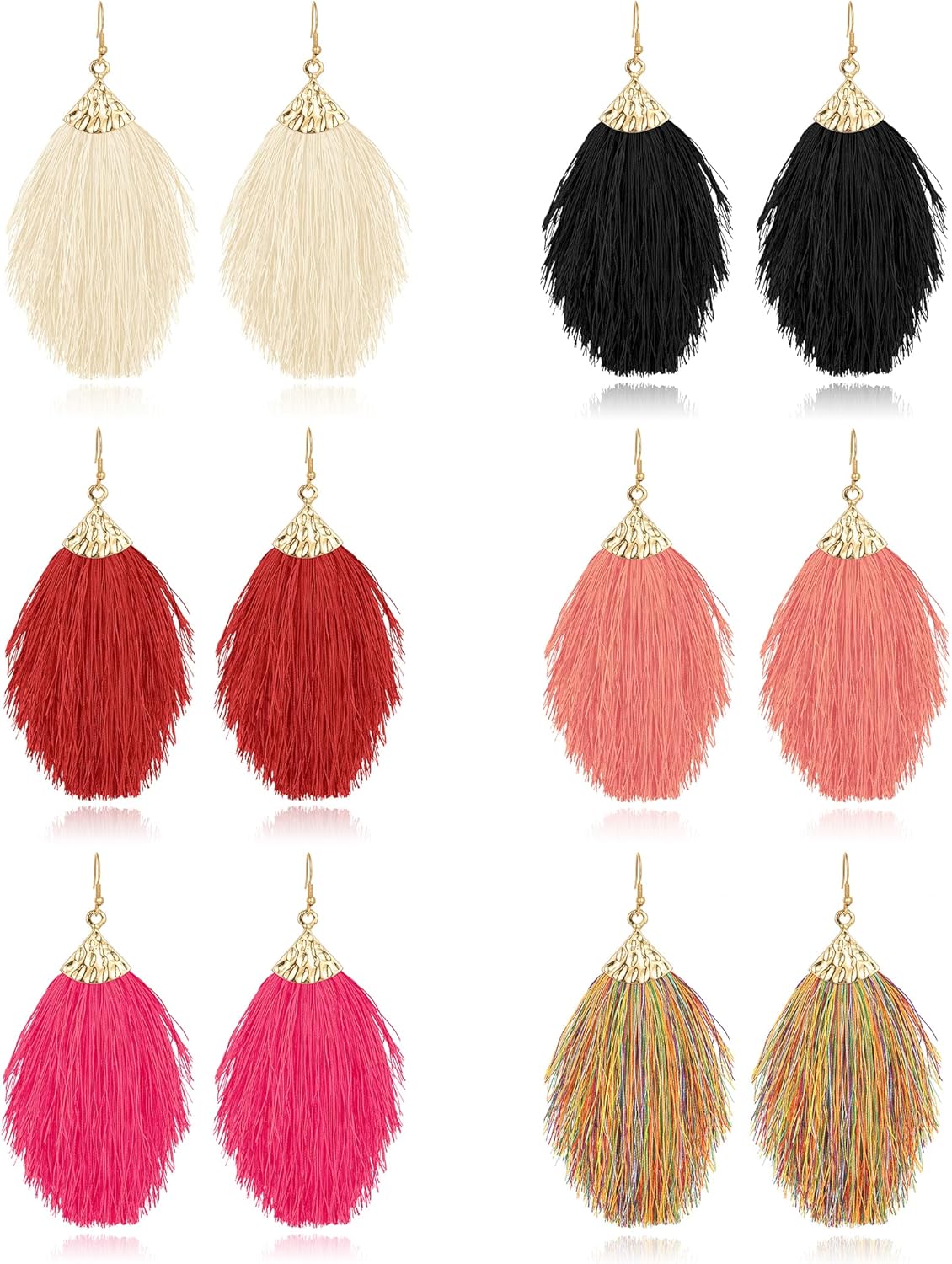 Tornito 6 Pairs Bohemian Tassel Statement Earrings - Multi-Color Layered Fringe Dangle Drop for Women, Handmade Lightweight