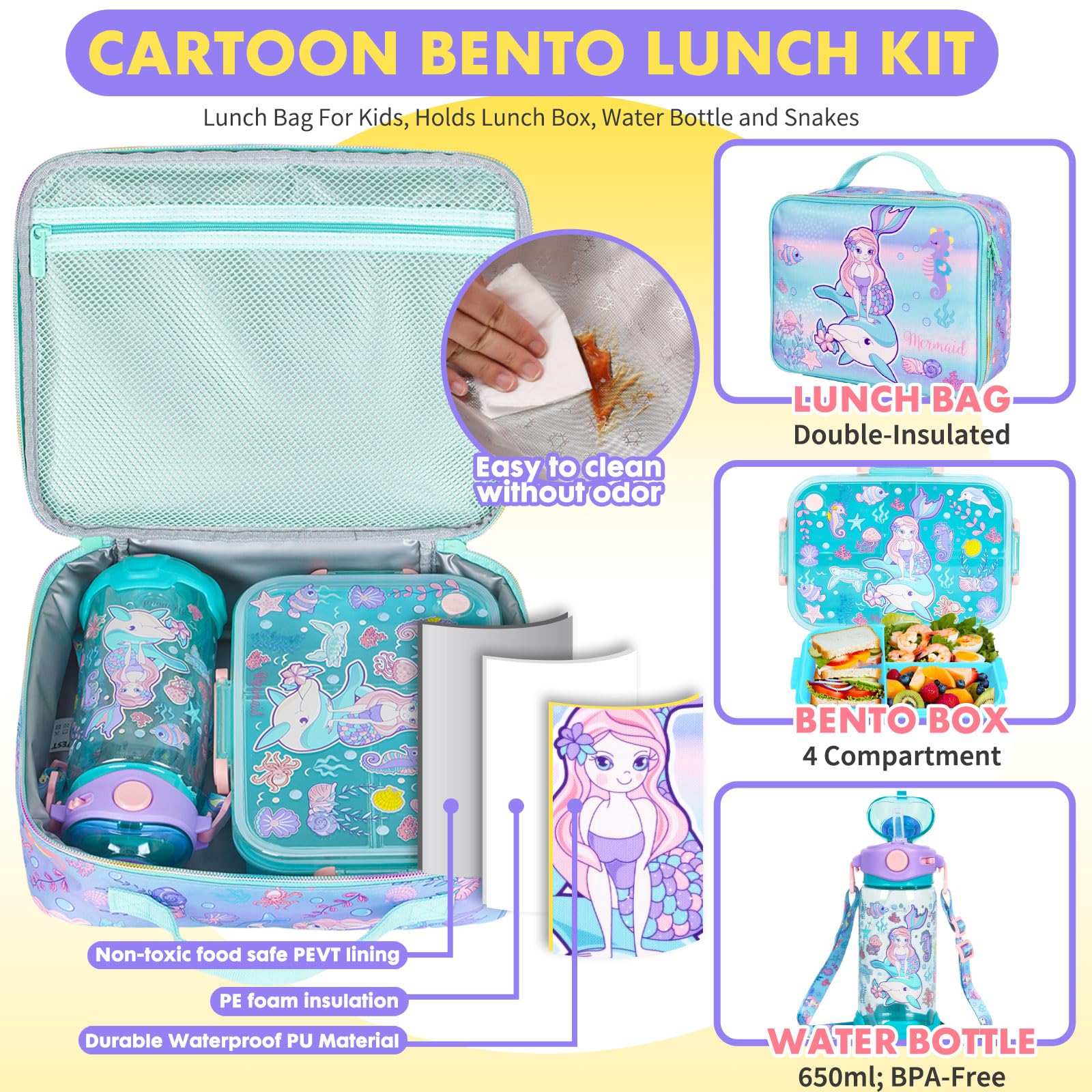 PinkSheep Bento-broodtrommelset voor kinderen, met 1200 ml, lekvrije lunchcontainers met 3 vakken, BPA-vrije waterfles, geïsoleerde lunchtas voor school, kinderen, meisjes, jongens