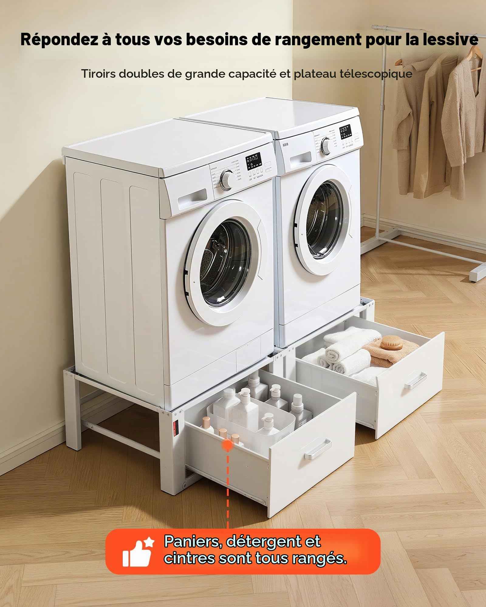 VEVOR Socle Lave Linge Hauteur 31 cm Support Machine à Laver Charge 150 kg Rehausseur à Tiroir pour Sèche-linge Réfrigérateur Compact Buanderie, en Acier Robuste, Pieds Antidérapants, Blanc, Lot de 2