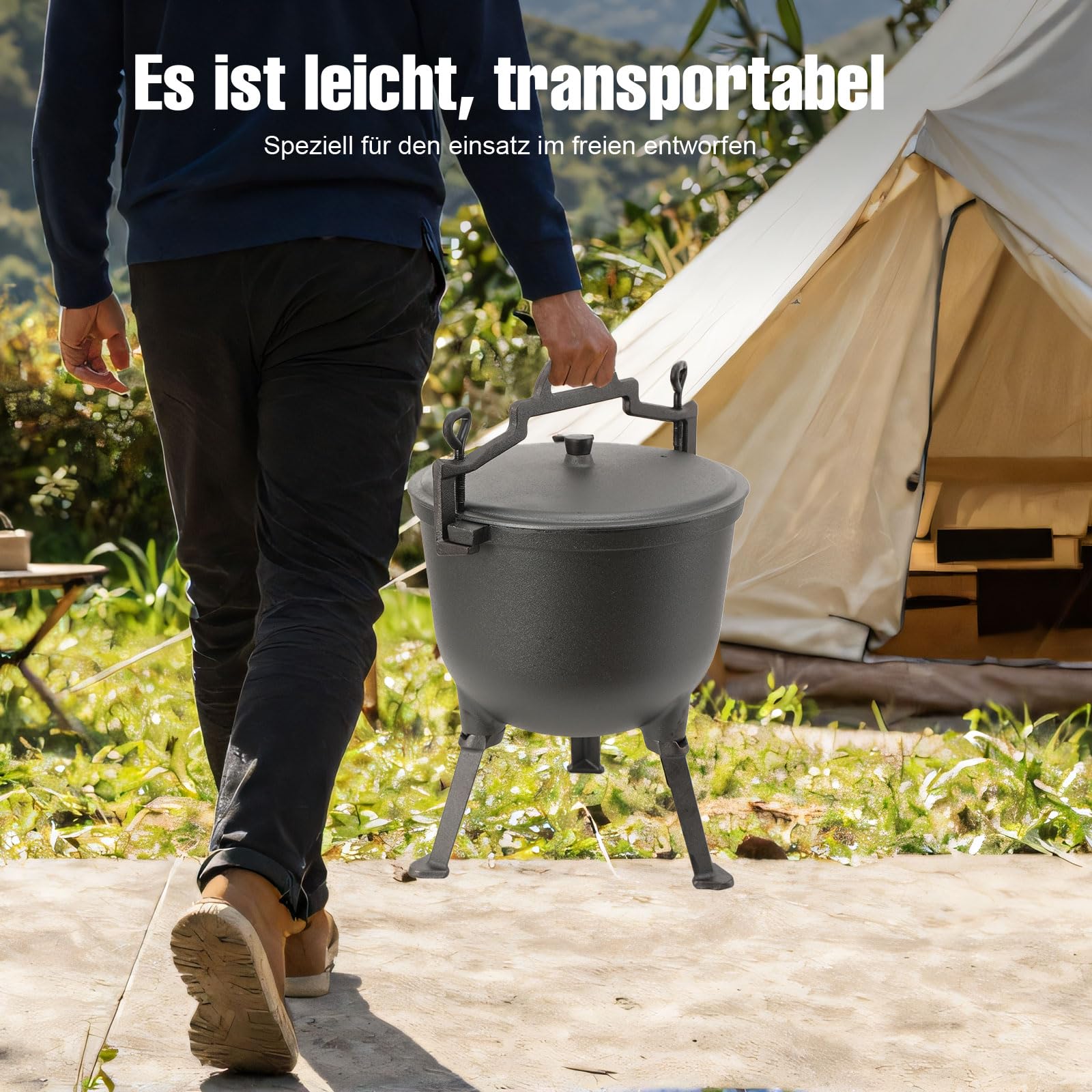 10L Jagdkessel Gulaschkessel Gusseisen Topf Gusseiserner Kessel BBQ Schmortopf Gusseisen Kochtopf Feuertopf mit Füßen Und Deckel für Garten Lagerfeuer Camping Schwarz