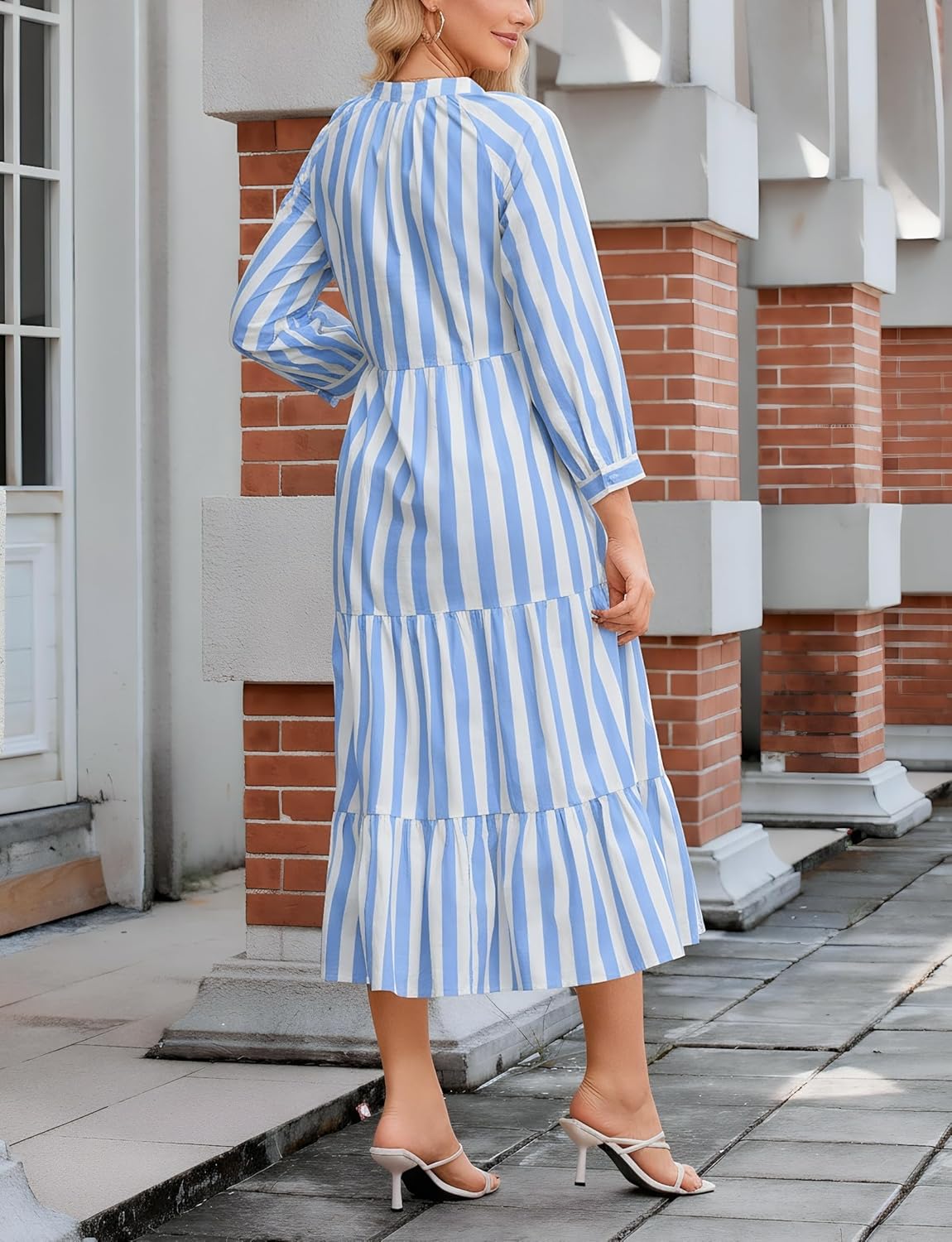 Ladyful Womens Striped Midi Dress 3/4 Sleeve Casual Flowy Tiered Long Dress V Neck Beach Sundress - Image 6