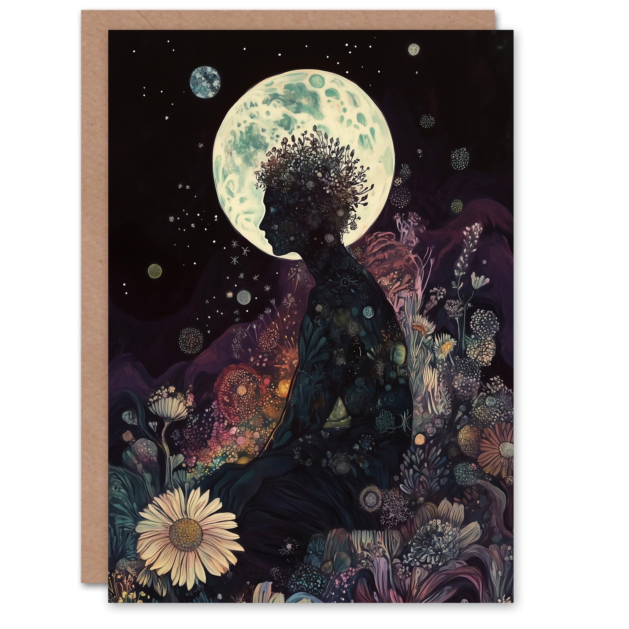 Artery8 Greeting Card Flower Nymph Full Moon Portrait Concept Art Blank For Him Or Her Art Birthday Card