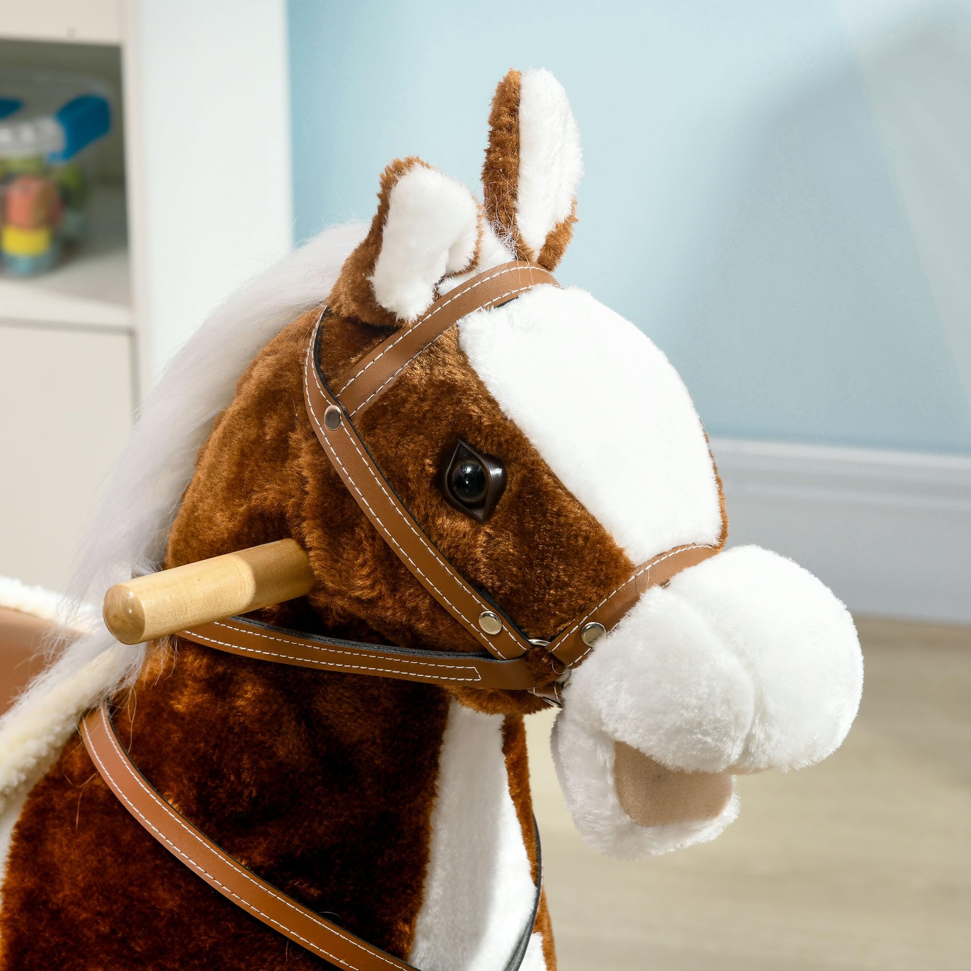 HOMCOM Cavallo a Dondolo per Bambini da 3-6 Anni, Gioco per Bambini Cavalcabile con Suoni in Peluche, 68x26x62cm, Marrone
