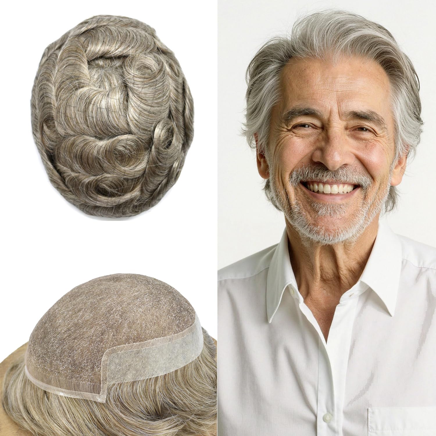 Mens Hair Systems Human Hairpieces Lace Toupee for Men Hair Replacement System Bleached Knot Hairpiece #750#7 Very Light Brown+50% Grey 8X10 100% Light to Medium Density