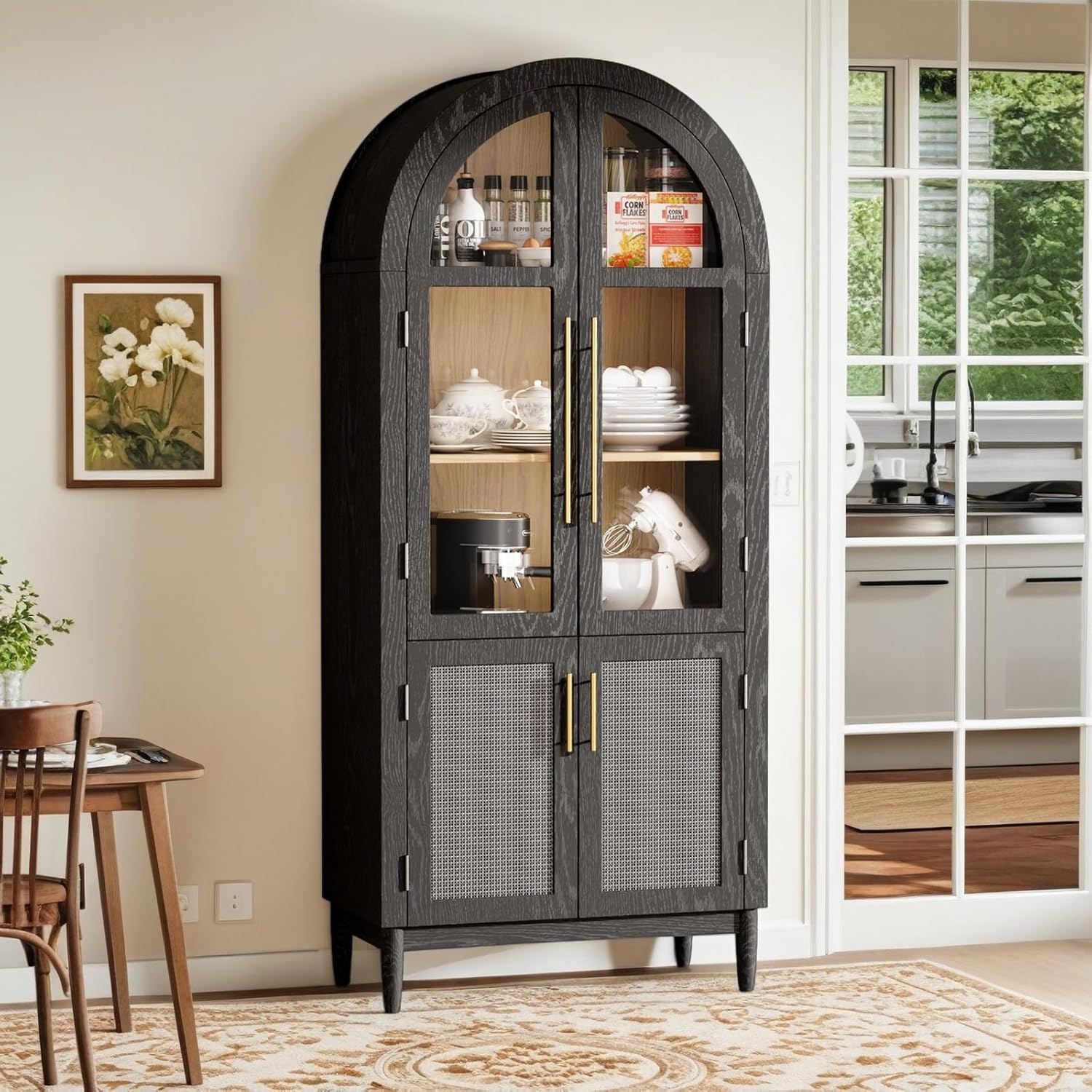 71" Tall Arched Kitchen Pantry, Modern Farmhouse Wood Arched Storage Cabinet with Glass Doors, Solid Wood Legs and Storage Shelves for Kitchen, Dining Room, Living Room, Bathroom, Black