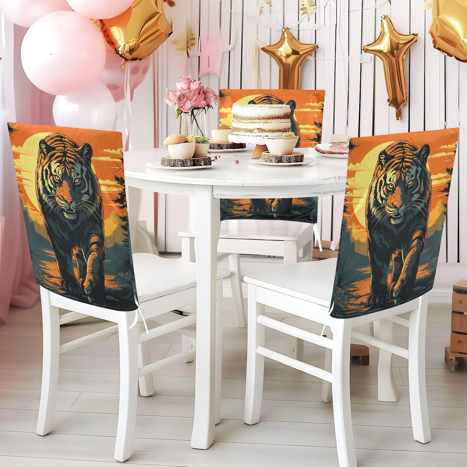ALAZA Tiger Walking in The Shadow Chair Back Cover Set of 6, Washable Reusable Removable Chair Slipcovers Decorative Chair Cover for Home Kitchen Wedding Party