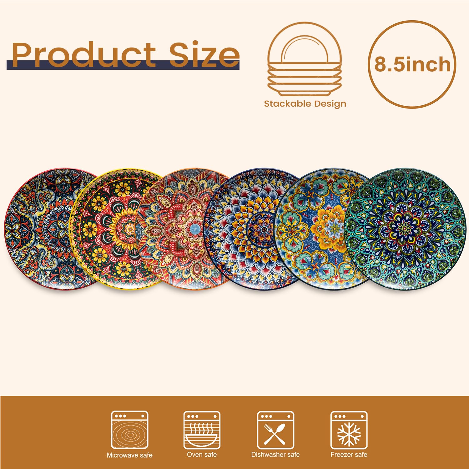 Euisail Salad Plate Set of 6, 8.5 Inch Dinner Plates for Salad, Pasta, Dessert,Steak, Appetizers Colorful Bohemian Style Dishes for Kitchen