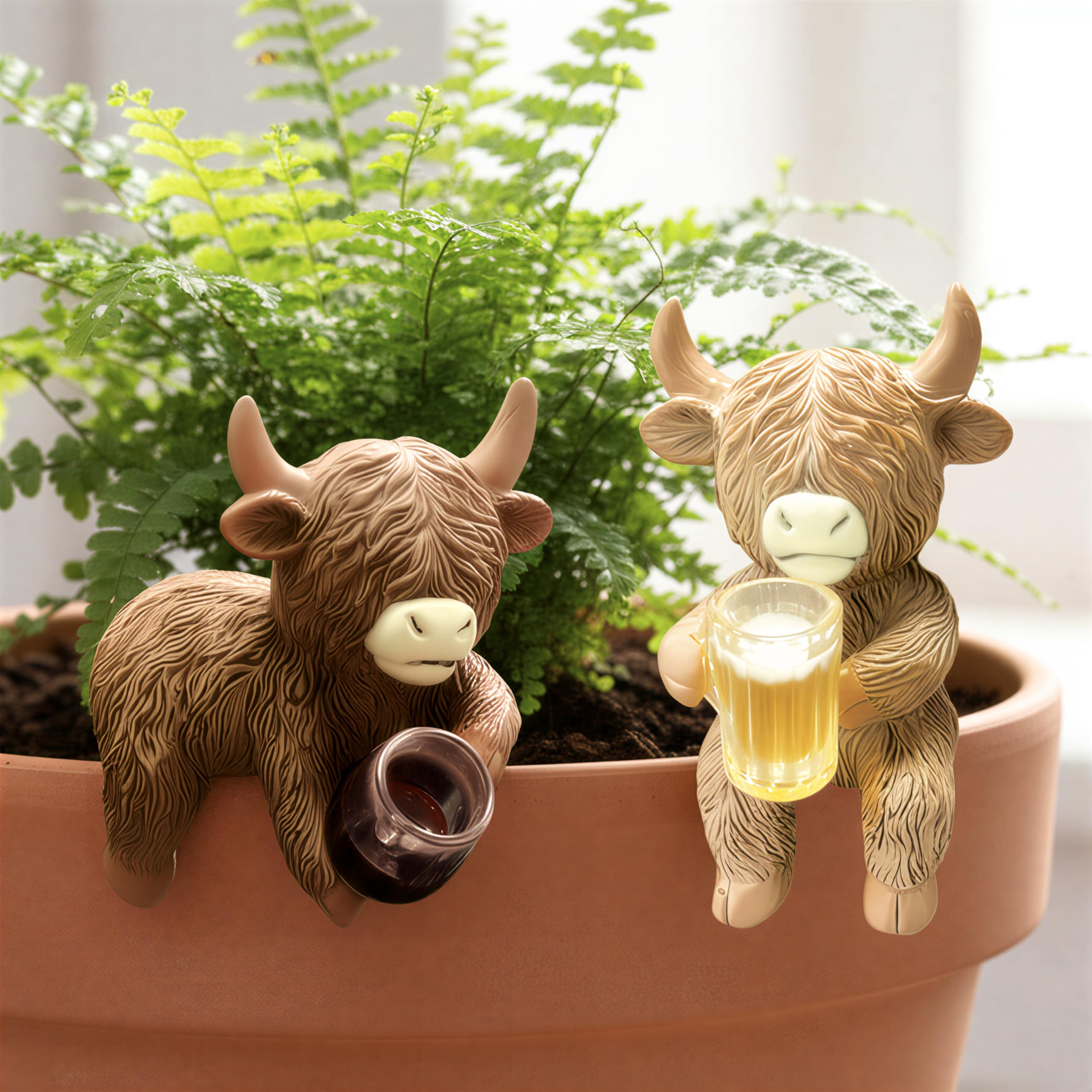 GioXtra Highland Cow Pot Hugger for Planter - 2Pcs Climbing Animal Flower Pot Climber Resin Statue Art Sculpture Calf Topper Outdoor Plant Decoration for Garden Patio Fence Lawn Yard Housewarming Gift