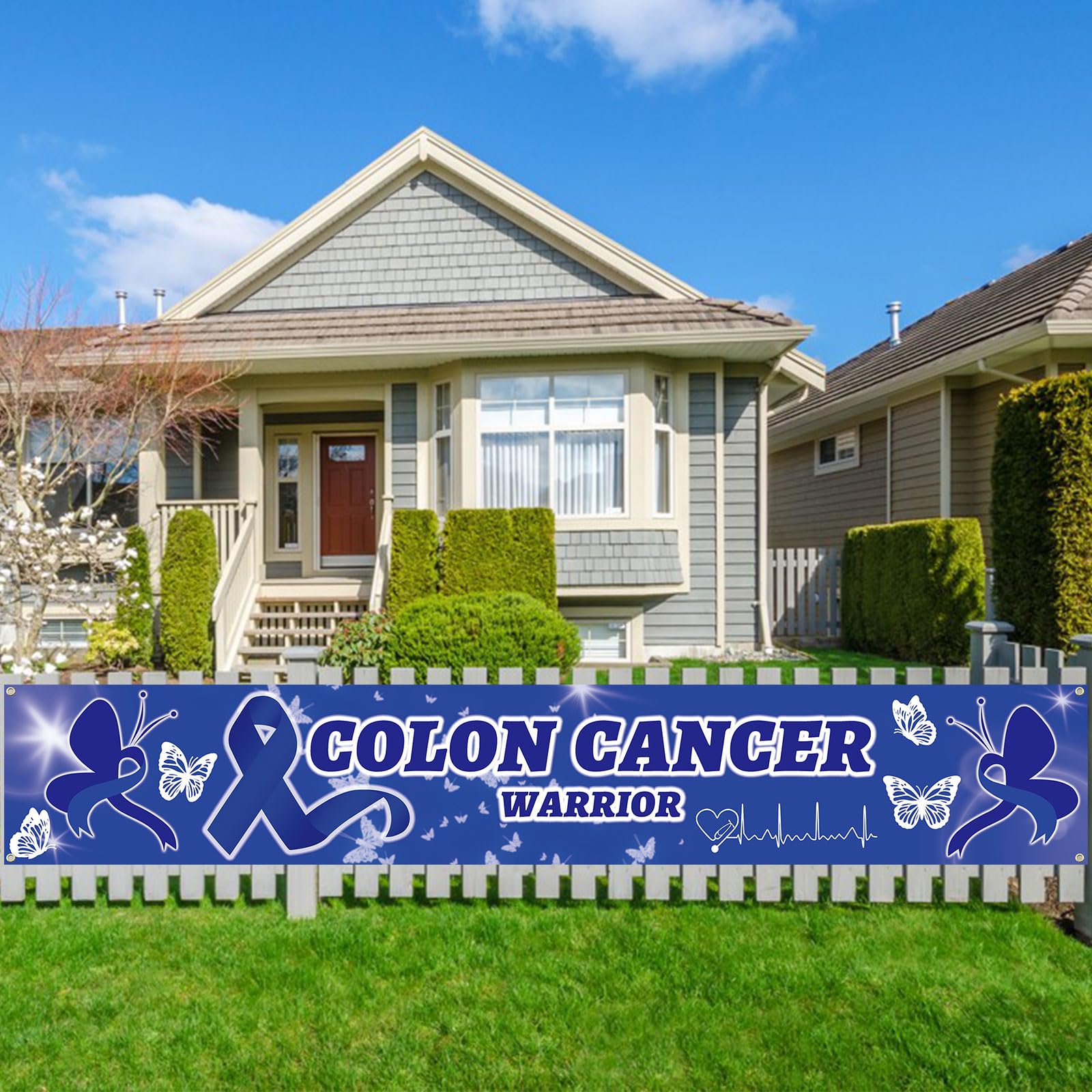 WANDIC 9.84 * 1.64ft Blue Ribbon Pattern Large Banner, 1PC Long Banner Outdoor Hanging Sign Backdrop Decor for Colon Cancer Prostate Cancer Awareness