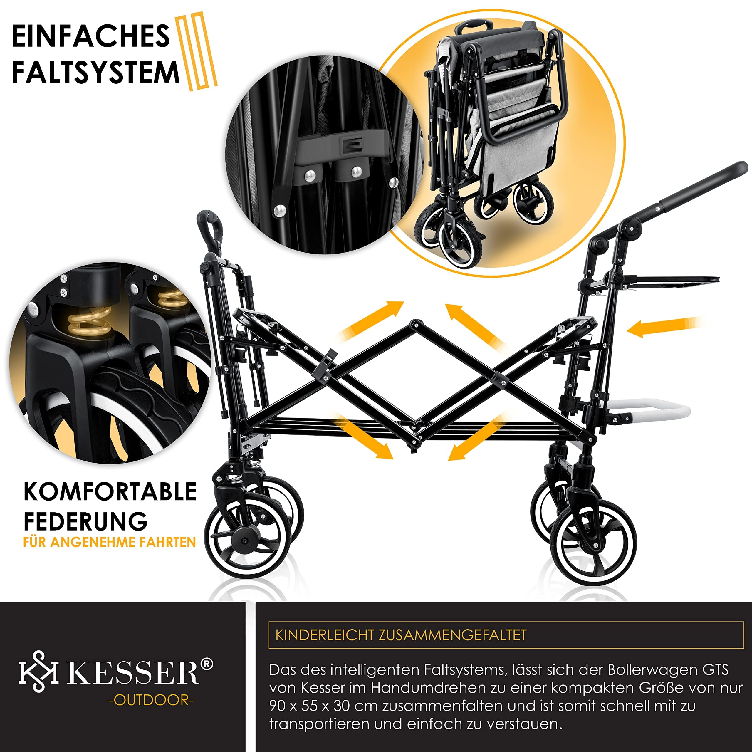 KESSER® - Carrello pieghevole manuale GTS-9100 con tettoia, carrello pieghevole con 2 sistemi con cinture a 3 punti, ruote in gomma girevoli a 360° e sistema di prolungamento interno, freno anteriore