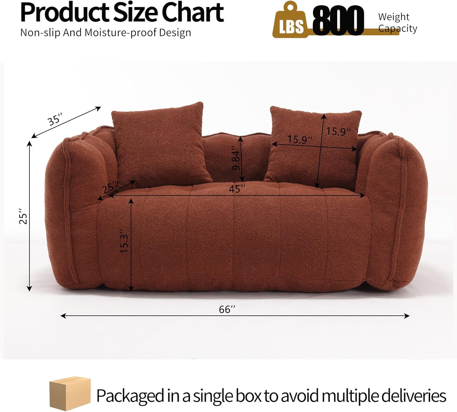 Modern Boneless Loveseat Sofa, 2 Seater Small Couch for Small Spaces, Soft Fabric Upholstered Foam Love Seat for Living Room Bedroom (Reddish Brown)