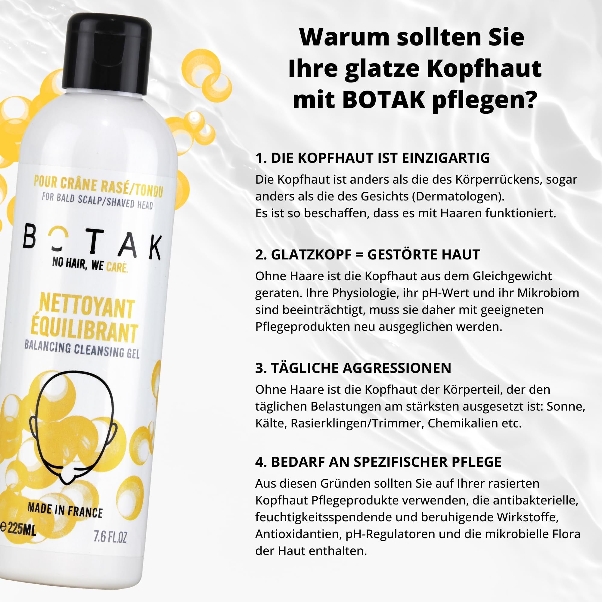 BOTAK Limpiador equilibrador para cráneos afeitados/esquilados | 99% de origen natural, vegano, francés | calmante | anticaspa, picor y espinillas | regula el pH y la