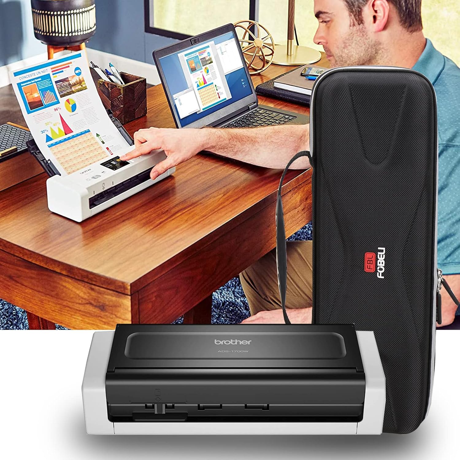 FBLFOBELI Hard Travel Carrying Case for Brother ADS-1250W / ADS-1700W / ADS-1800W / ADS-1200 / ADS-1300 Wireless Compact Desktop Scanner, Protective Storage Bag (Case Only)