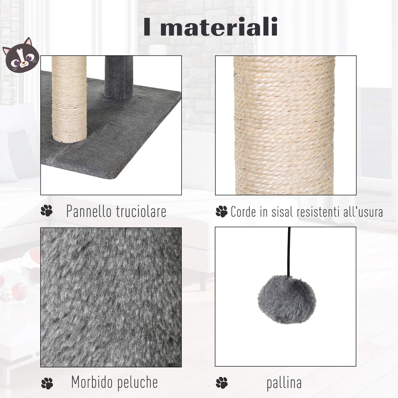 PawHut Albero Tiragraffi Accessoriato con Cuccia Lettino Sospeso e 2 Pedane in Peluche Grigio | Cuccia, Lettino Sospeso, 2 Pedane, Corda Sisal