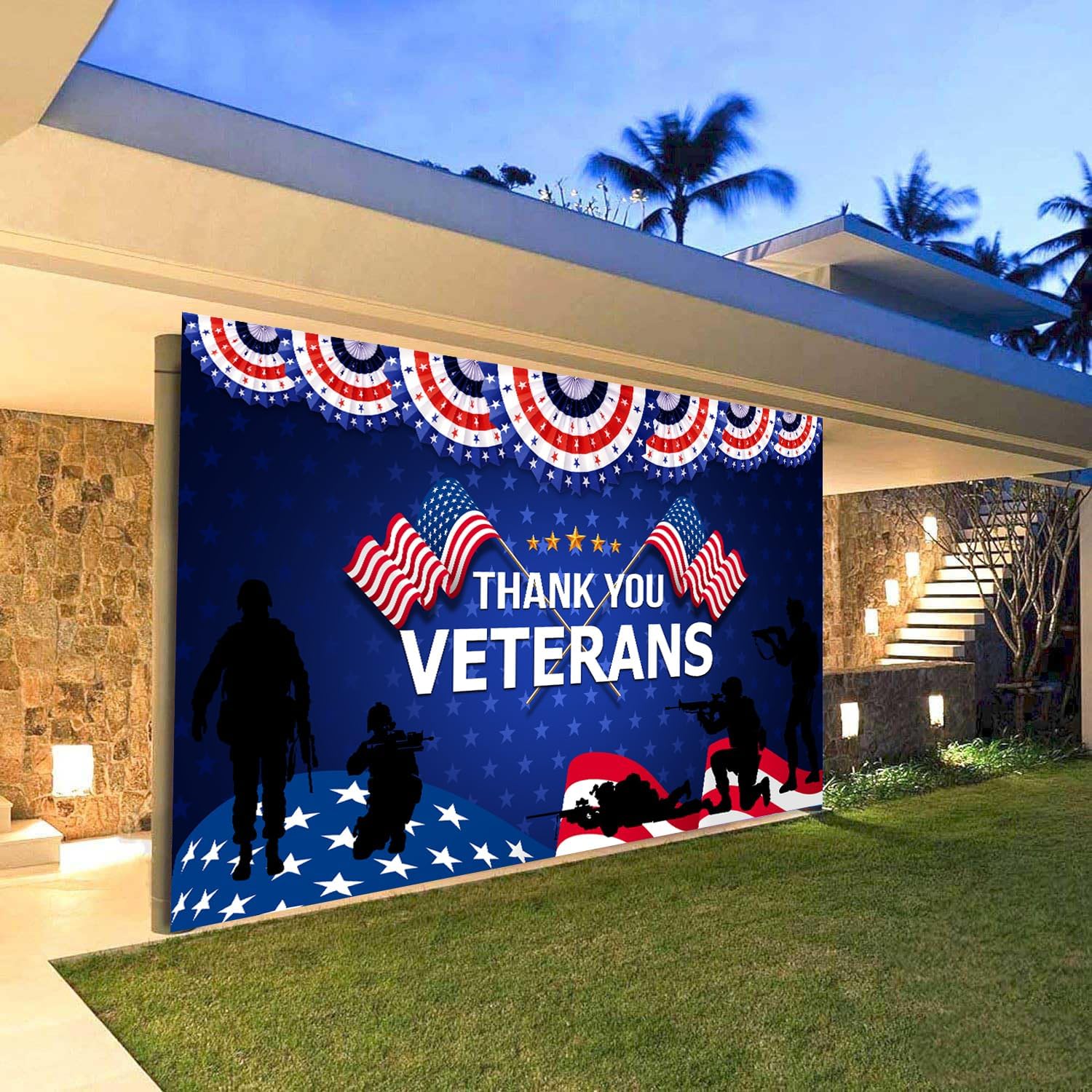 Veterans Day Garage Door Backdrop Cover, 16 x 7 ft Thank You Veterans Patriot American Flag Garage Door Background Remember and Honor Memorial Day Garage Decoration Outdoor Party Banner
