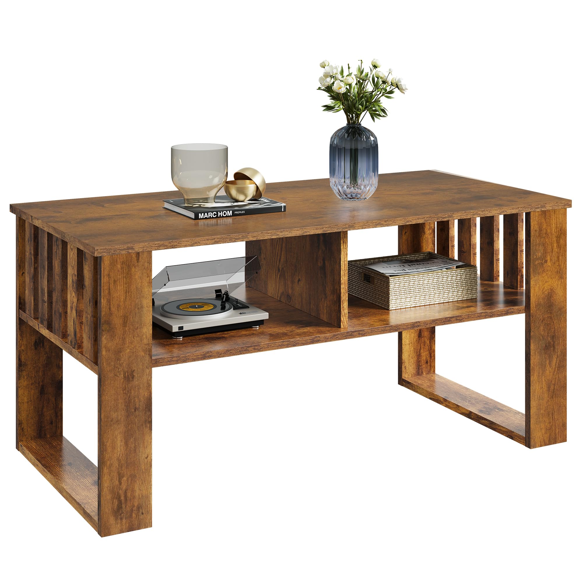 WLIVE Coffee Table, 100cm 2-Tier Wood Coffee Table with Storage Shelf, Center Tea Table for Living Room Home Office, Retro Brown