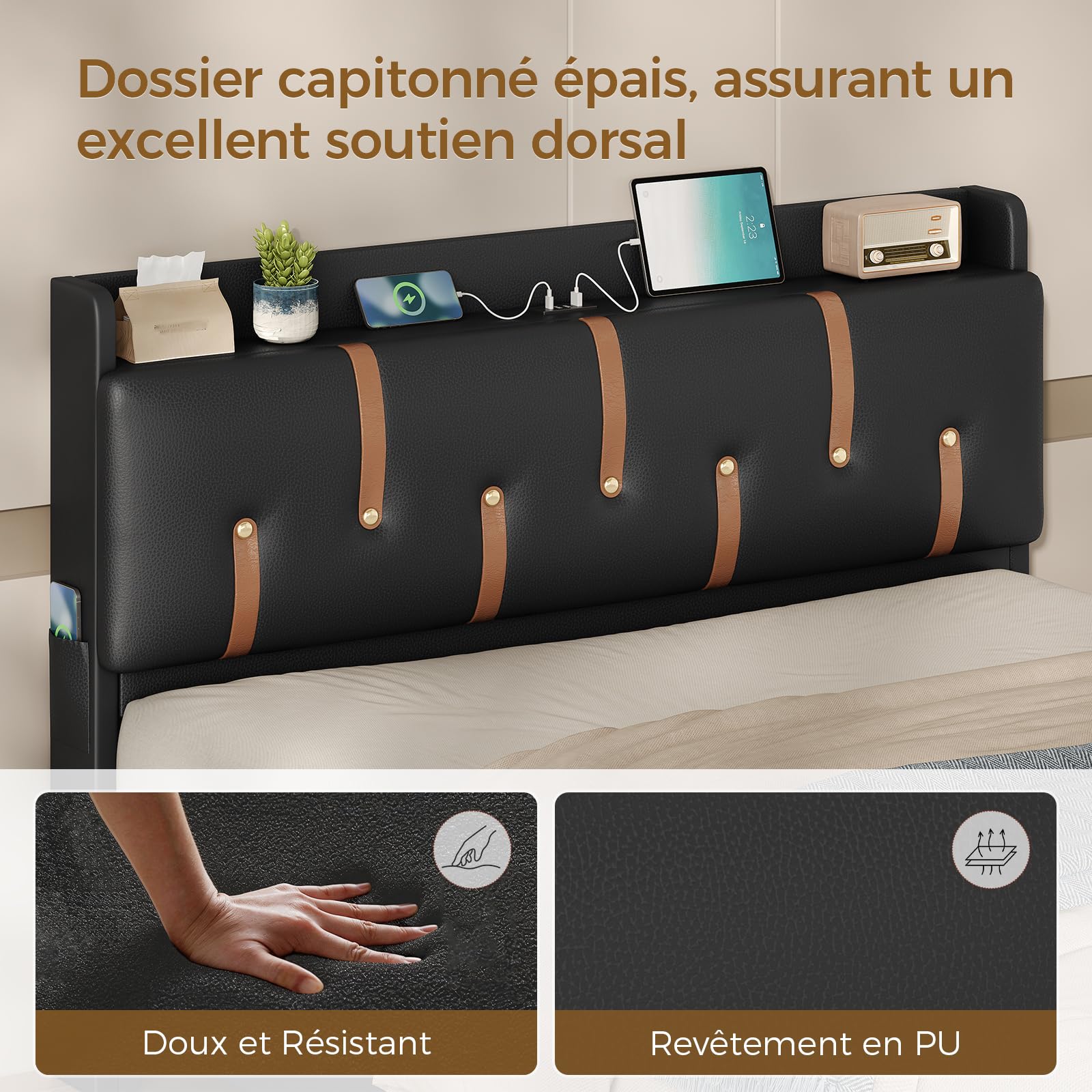 KIMENICH Lit 140x190 avec Sommier à Lattes en Bois, Lits 2 Personnes avec Multiprise, Tête de Lits Capitonnée avec Compartiment Caché et Étagère Ouverte, Cadre de Lit 140x190 Rembourré, PU Noir