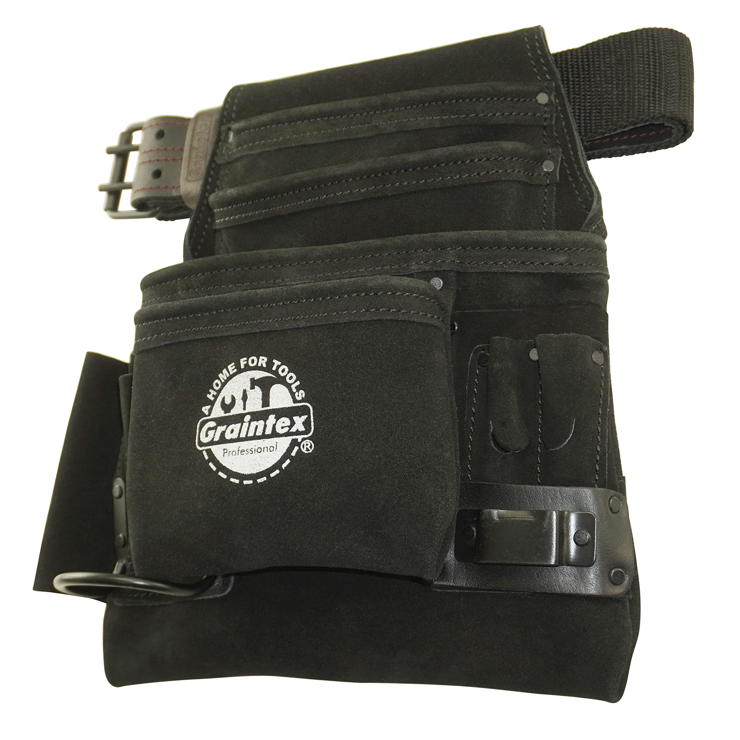 Graintex SS2680 - Bolsa de herramientas y clavos de 10 bolsillos, color negro, piel de ante de 2 pulgadas, cinturón de cincha para constructores, electricistas, fontaneros, manitas