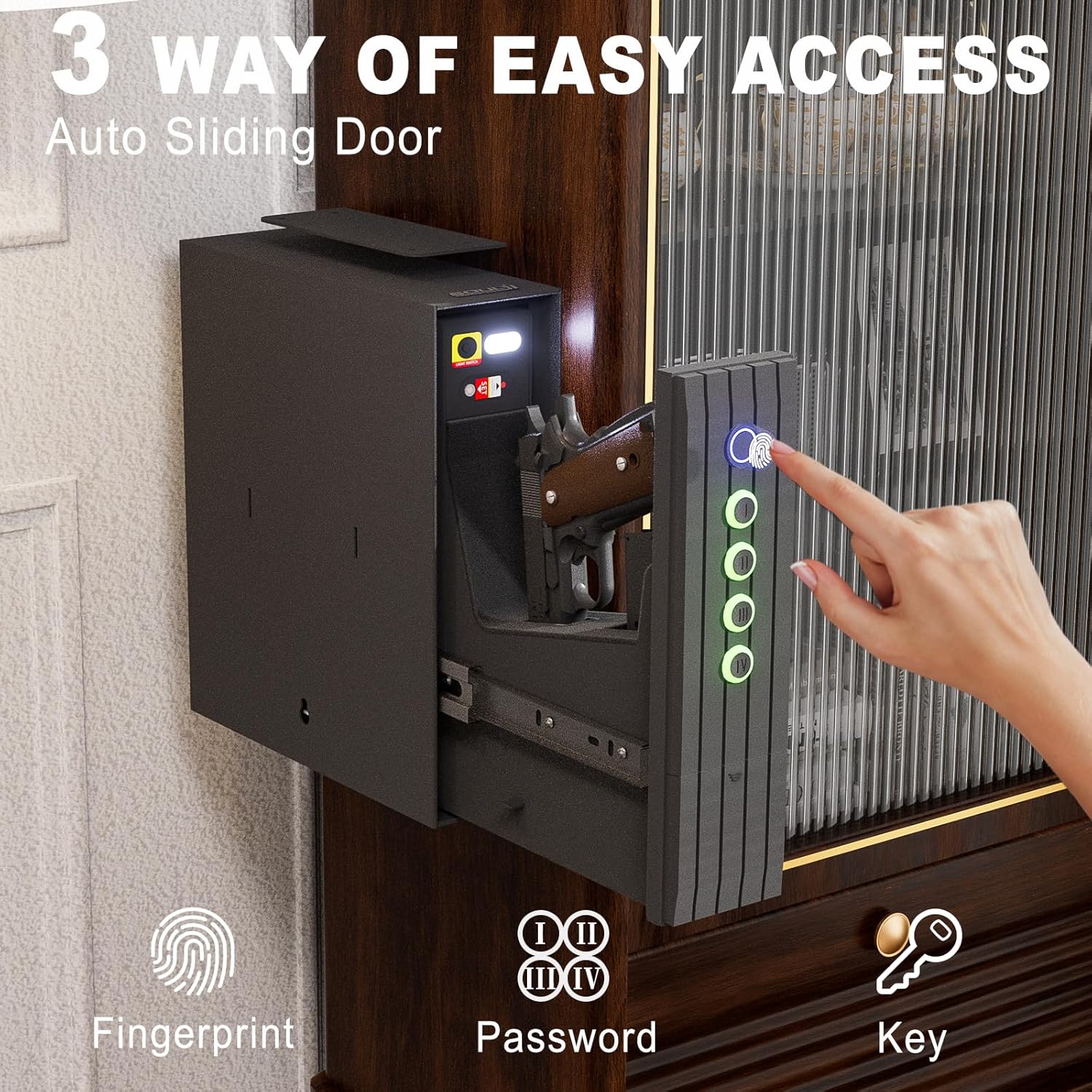 Image illustrating the three access methods for the SOULYI gun safe: fingerprint, PIN code, and key.
