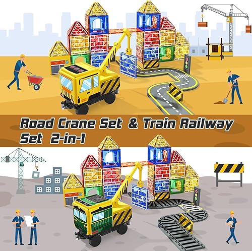 Miniatura 4 de Soyee - Juego de construcción magnético con 2 grúas, juguetes para niños de 3-5, 5-7, 8-10 años, incluye grúa, pista de carretera, tren, vías de