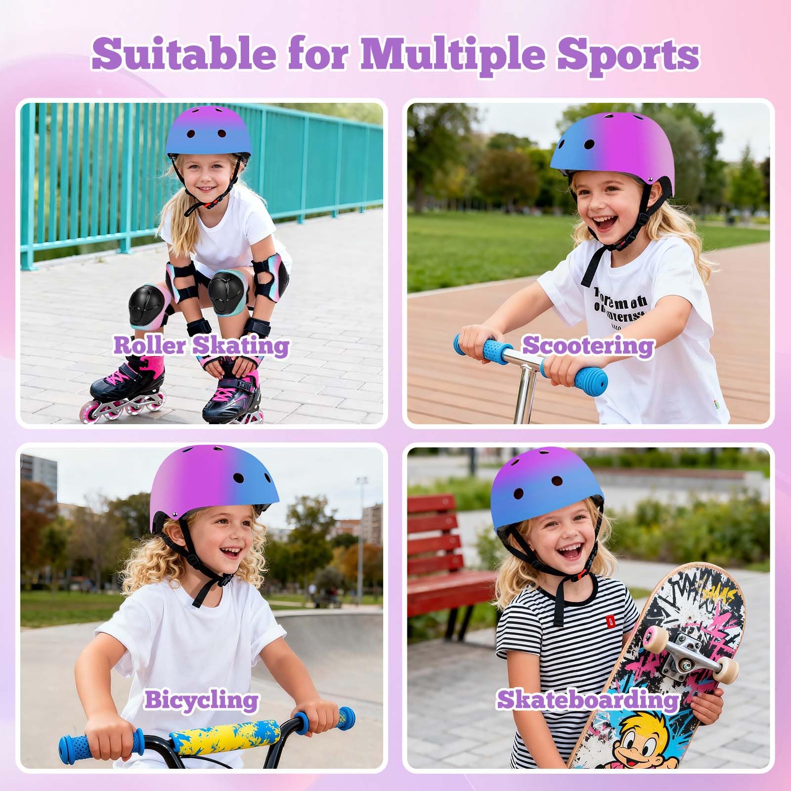 Casque de vélo pour enfants, garçons, filles et adolescents âgés de 3 à 14 ans, y compris coudes, genouillères, poignets, ensemble de protection pour casques pour enfants, vélos, skateboards