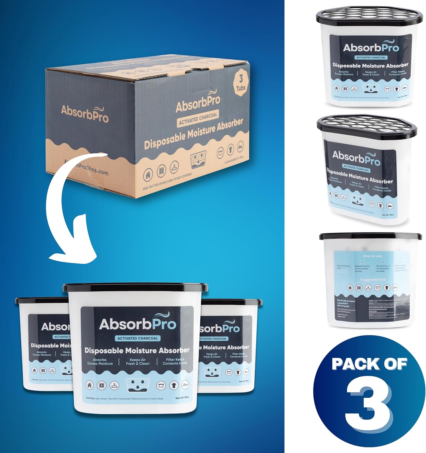 Absorb Pro - Moisture Absorber Tub with Activated Charcoal - 3-Pack - 18 oz Disposable Odor Eliminator Box & Dehumidifier for Garage, Home, Kitchen, Bedroom, Bathroom, Closet, Cars, and Boats